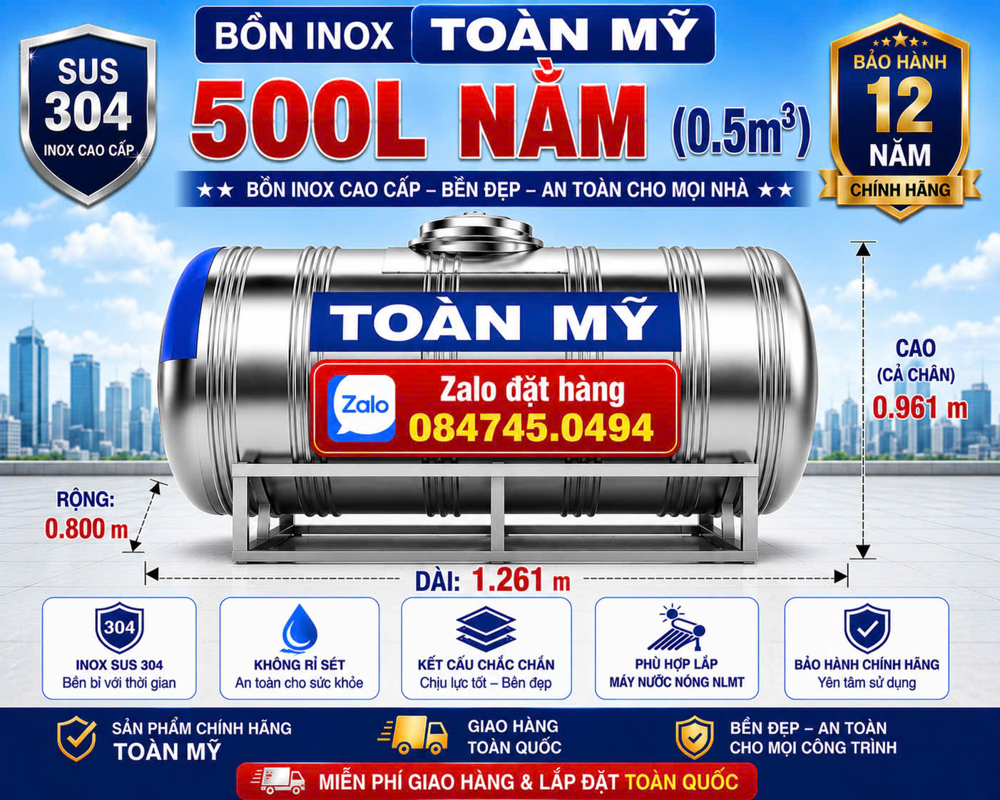 Téc inox 304 Toàn Mỹ 0.5m3 nằm ngang giao miễn phí Toàn Quốc