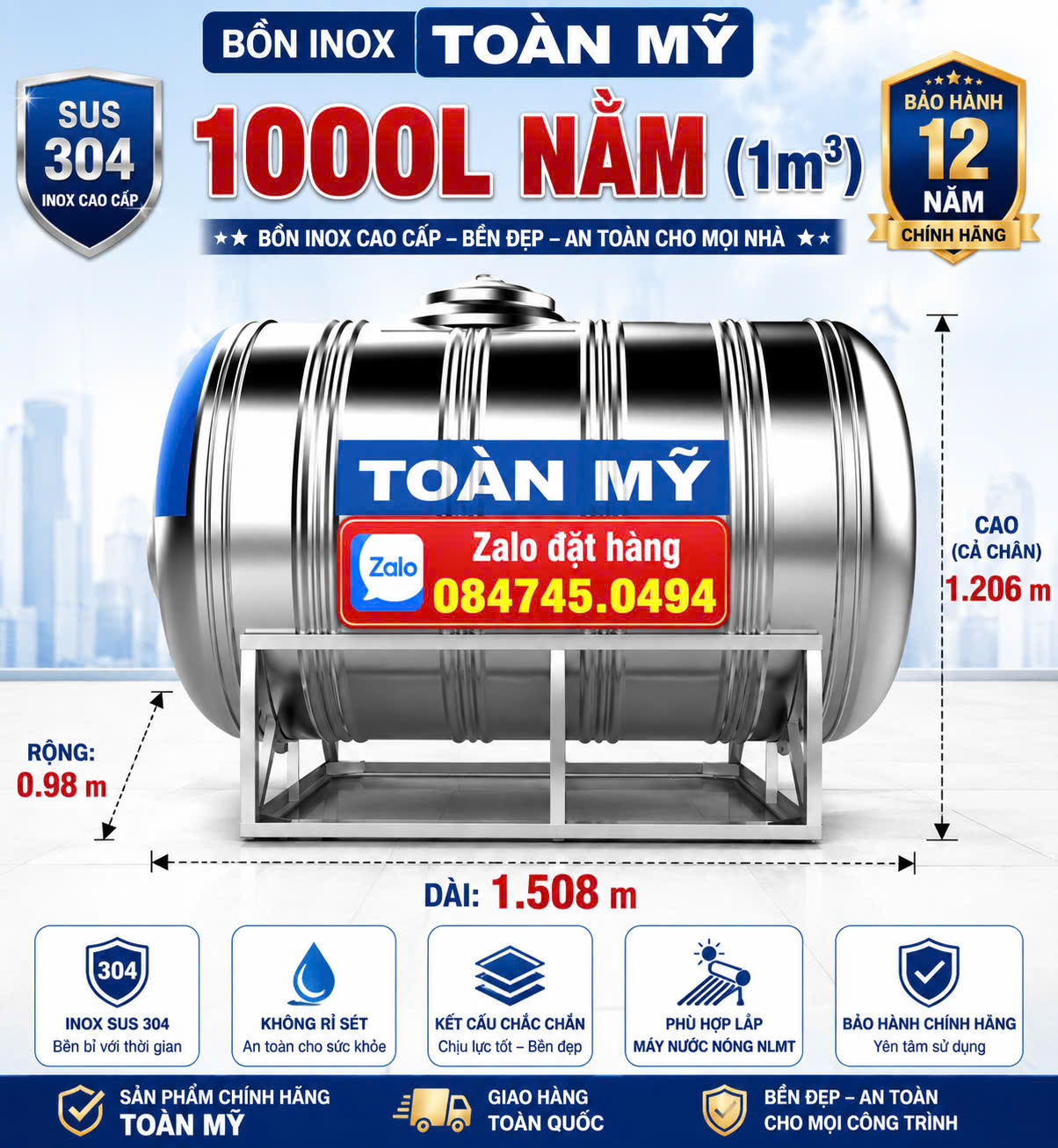 Bình nước 1 khối nằm Toàn Mỹ inox 304 cao cấp Téc inox 304 Toàn Mỹ 1m3 nằm ngang giao miễn phí Toàn Quốc