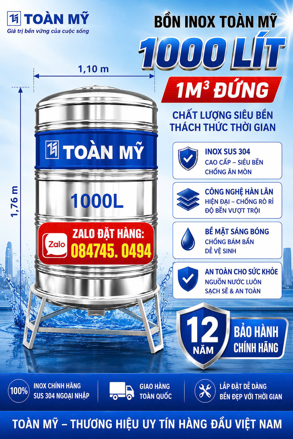 BỒN INOX TOÀN MỸ 1000L đứng Bình nước 1 khối đứng Toàn Mỹ inox 304 cao cấp Téc inox 304 Toàn Mỹ 1m3 đứng ngang giao miễn phí Toàn Quốc