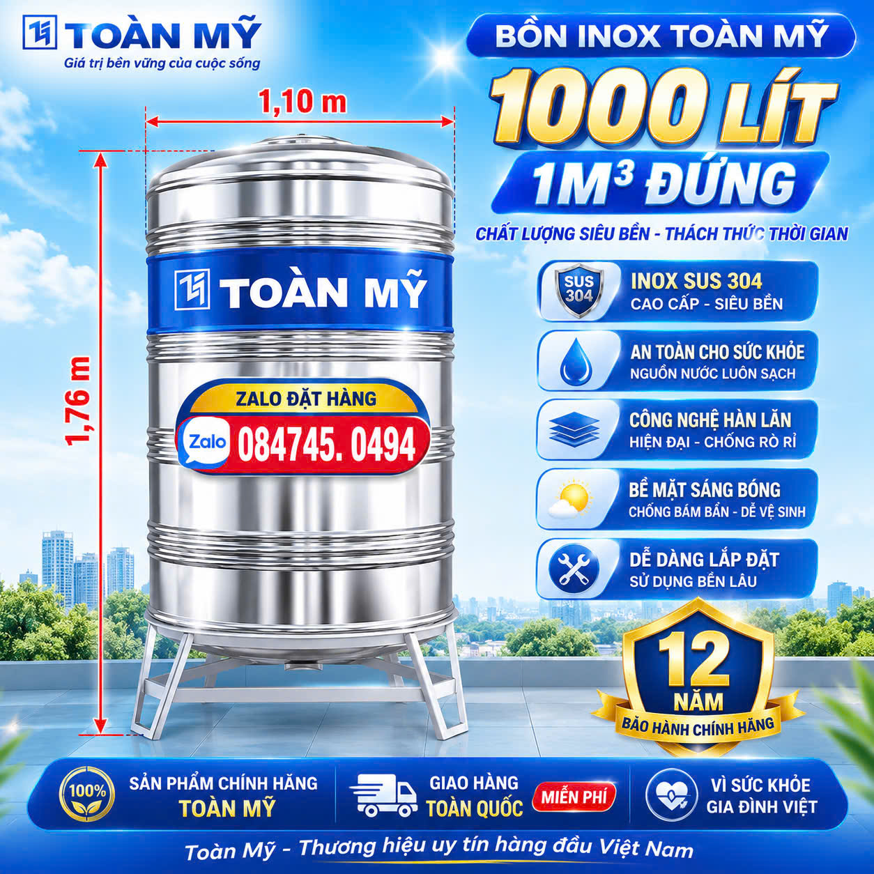 Bình nước 1 khối đứng Toàn Mỹ inox 304 cao cấp Téc inox 304 Toàn Mỹ 1m3 đứng ngang giao miễn phí Toàn Quốc