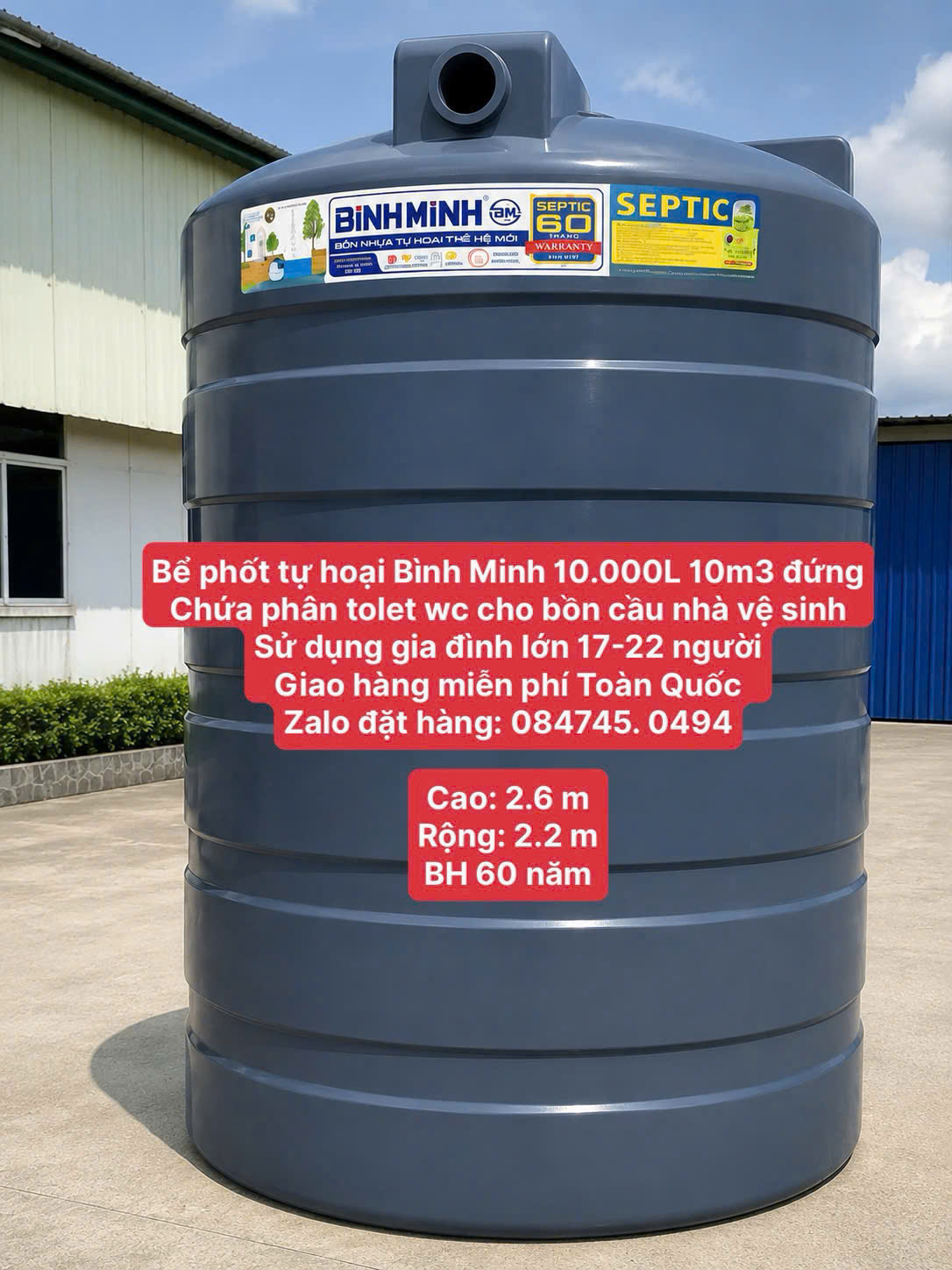 Hầm phân 10m3 đứng 10 khối đứng tự hoại tự hủy  Bình Minh cao cấp BH 60 năm chứa phân tolet wc cho bồn cầu nhà vệ sinh giao miễn phí Toàn Quốc
