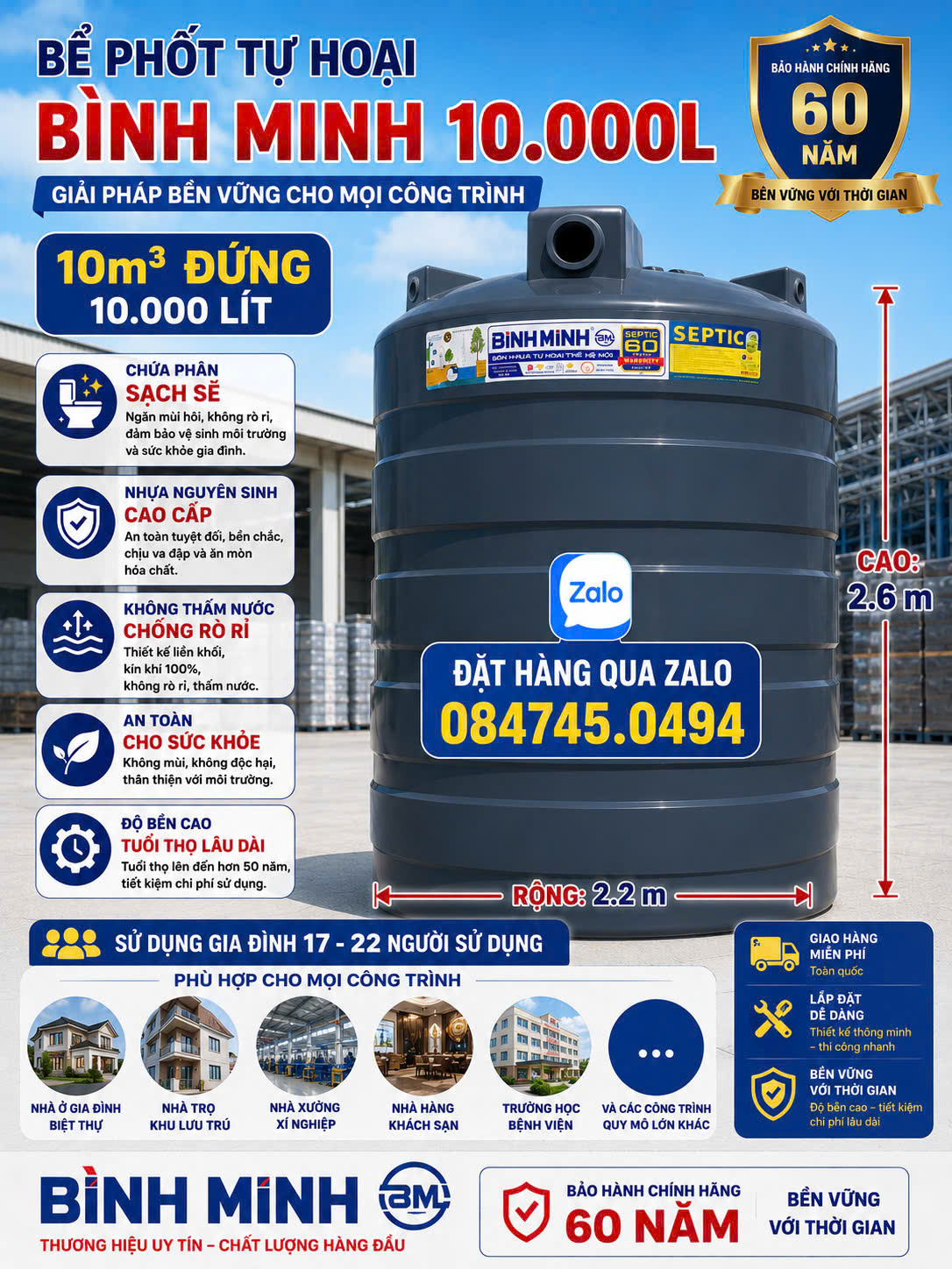Bể phốt tự hoại thông minh 5000L đứng 5m3 đứng 5 khối đứng Bình Minh cao cấp BH 60 năm chứa phân tolet wc cho bồn cầu nhà vệ sinh giao miễn phí Toàn Quốc