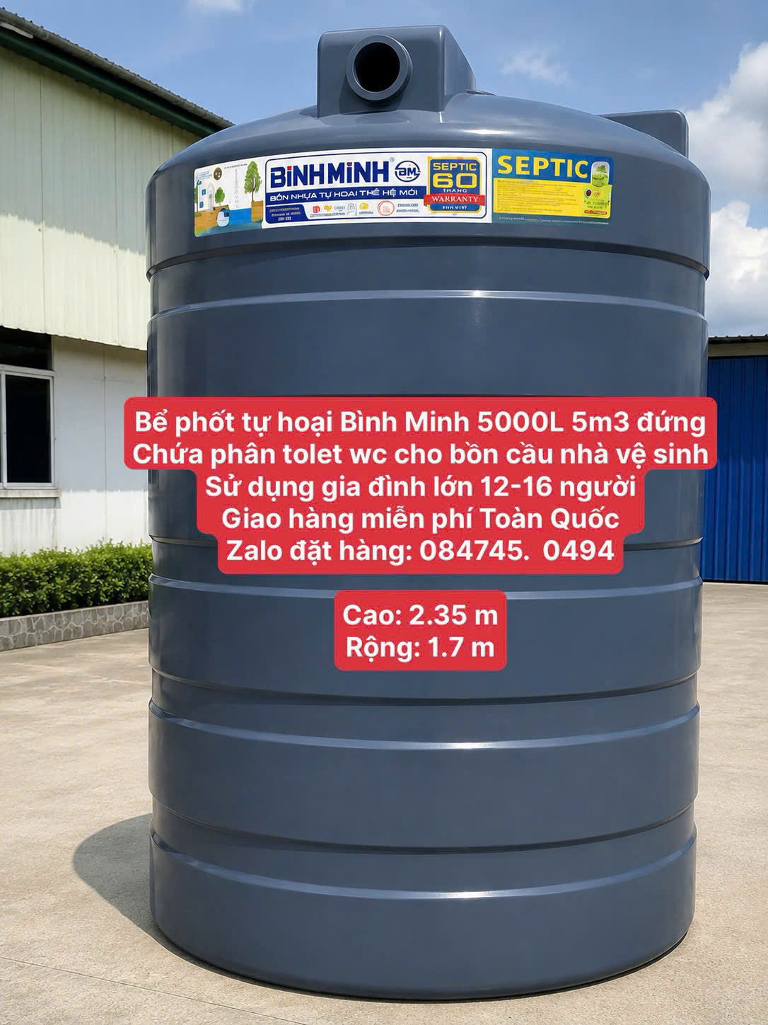 Hầm phân đựng phân tolet 5m3 đứng 5 khối đứng Bình Minh cao cấp BH 60 năm chứa phân tolet wc cho bồn cầu nhà vệ sinh giao miễn phí Toàn Quốc