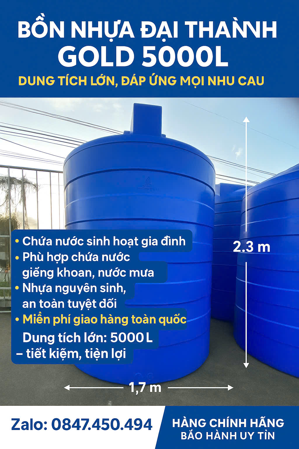 Bồn nhựa 5000 lít 5 khối 5m3 đứng tân á đại thành chứa nước sinh hoạt gia đình giao miễn phí Toàn Quốc