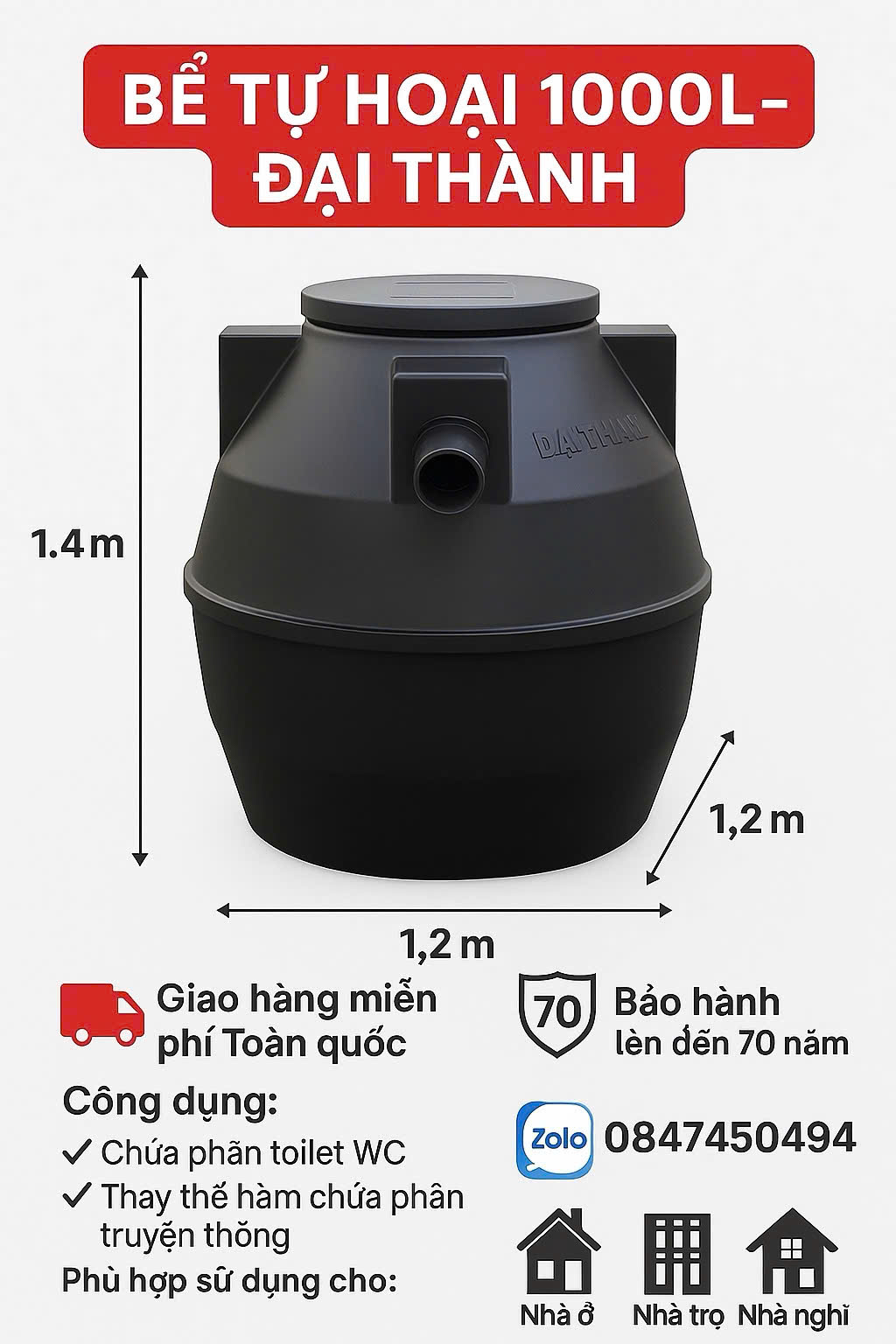Bồn tự hoại 1000 lít đứng đại thành( bể phốt 1000l) cao cấp chứa phân tolet thay thế hầm chứa phân truyền thống bê tông giao miễn phí Toàn Quốc