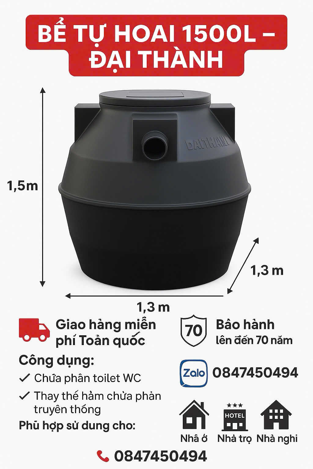 Bồn tự hoại 1500 lít đại thành cao cấp chứa phân wc thay thế hầm phốt bê tông an toàn sạch sẽ tiện lợi giao miễn phí Toàn Quốc