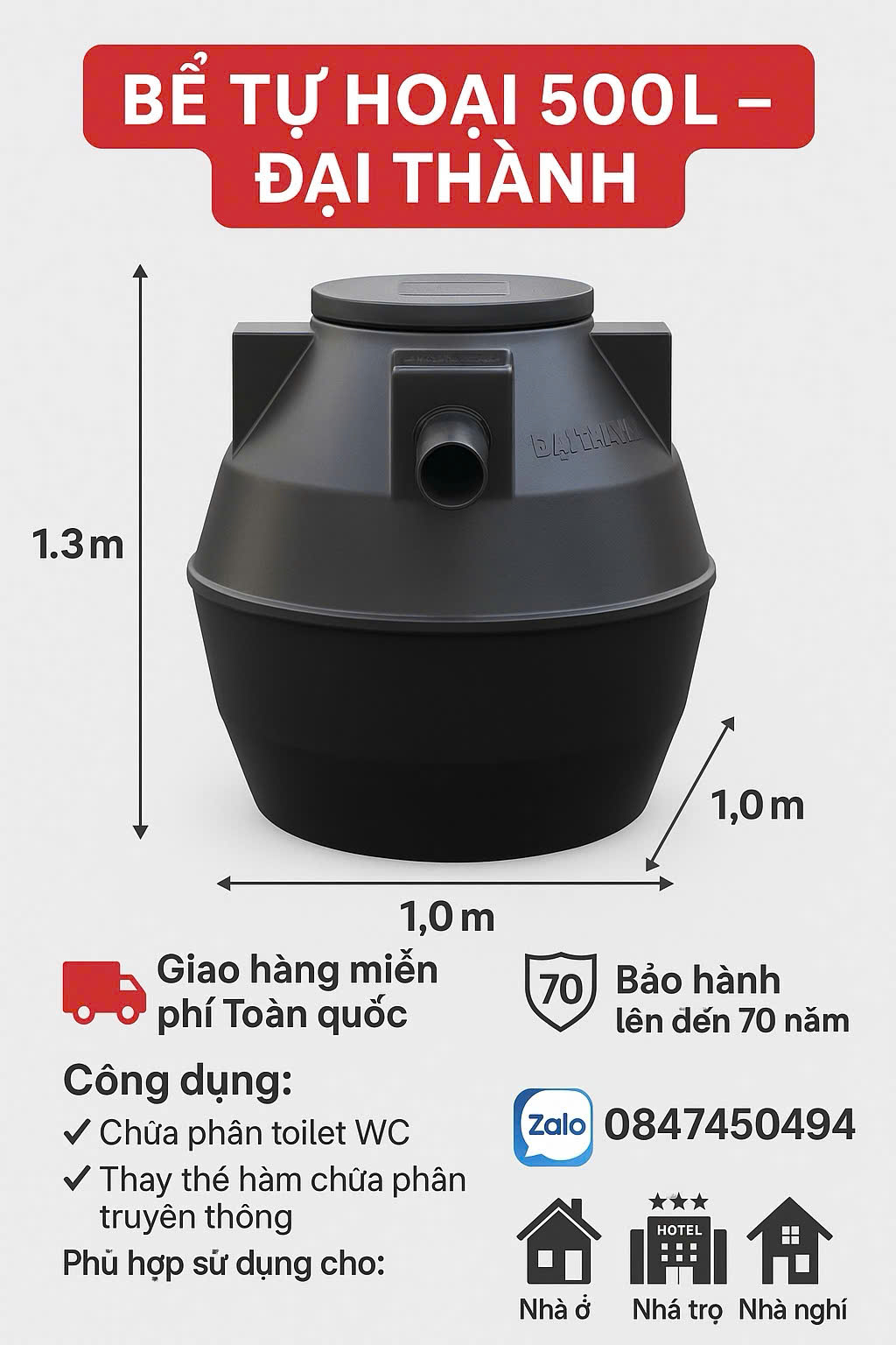 Bể phốt tự hoại 500L đứng bể phốt 500 lít tự hoại nhỏ 0.5 khối bể phốt bé nhất septic tân á đại thành chuyên thay thế hầm chứa phan truyền thống chứa phân tolet wc giao hàng miễn phí Toàn Quốc