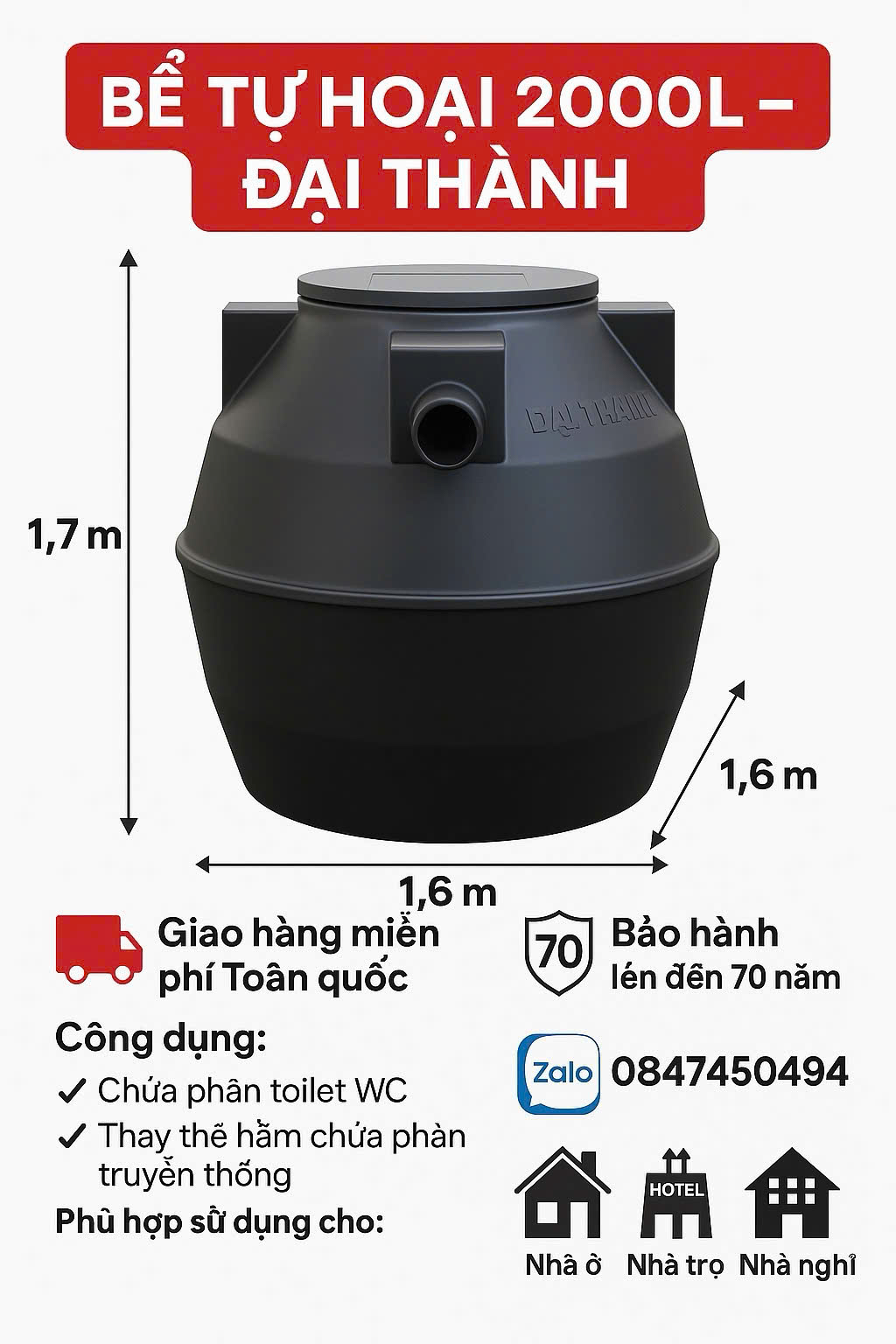 Hầm tự hoại 2000 lít đại thành( bể phốt 2000l) cao cấp chứa phân tolet bồn cầu thay thế hầm phân truyền thống bê tông an toàn sạch sẽ giao miễn phí Toàn Quốc