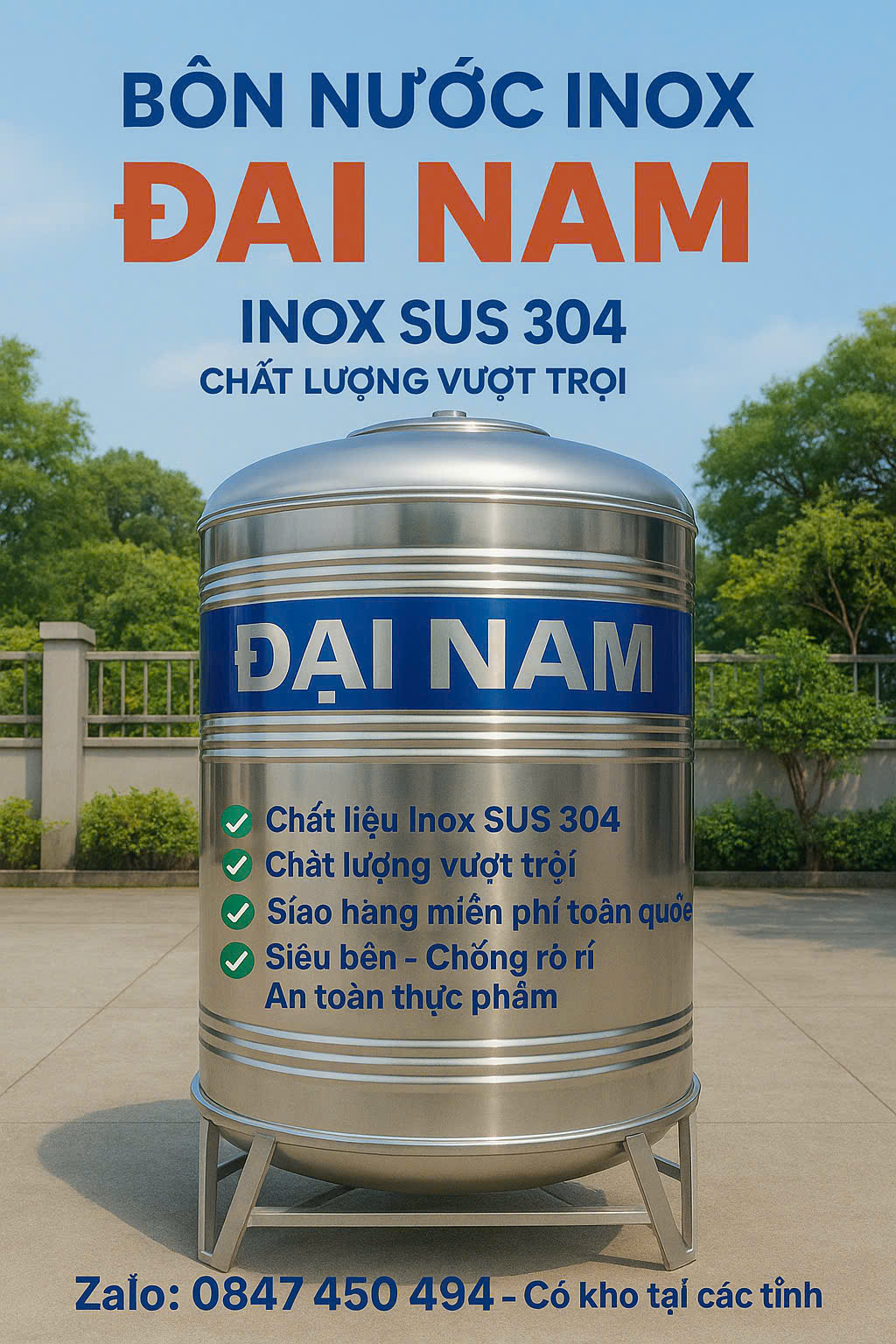 Bồn inox đại nam 500l 1000l 1500l 2000l 3000l 4000l 5000l inox 304 đại nam tân thành bảo hành 12 năm giao hàng miễn phí Toàn Quốc
