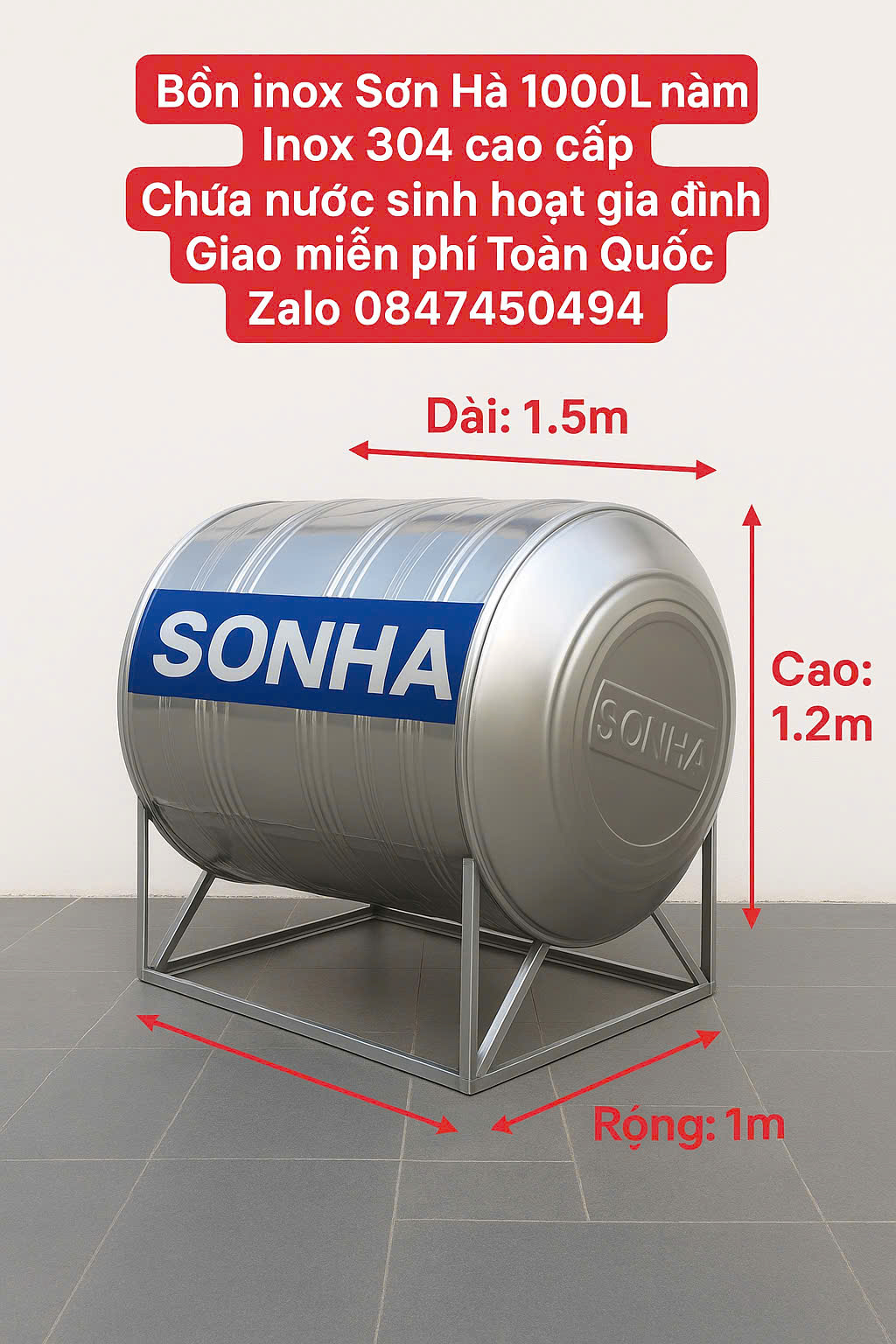 Bồn Inox Sơn Hà 1000L nằm Téc Inox 304 inox 1m3 ngang,Bồn inox 1 khối Son ha inox 1m3 giá rẻ Sơn Hà giao hàng miễn phí Toàn Quốc