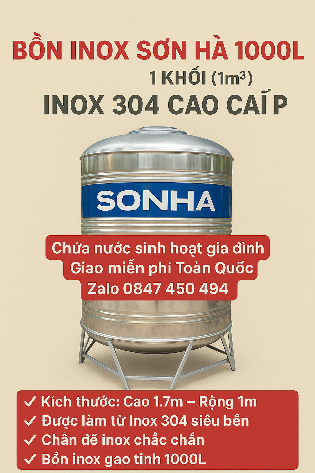 🌟 BỒN NƯỚC INOX SƠN HÀ 1000L – 1 KHỐI (1m³) INOX 304 CAO CẤP 🌟 Bạn đang cần bồn chứa nước bền – đẹp – an toàn cho gia đình? 👉 Hãy chọn ngay Bồn inox Sơn Hà 1000L (1 khối – 1m³ – 1000 lít) giao miễn phí Toàn Quốc