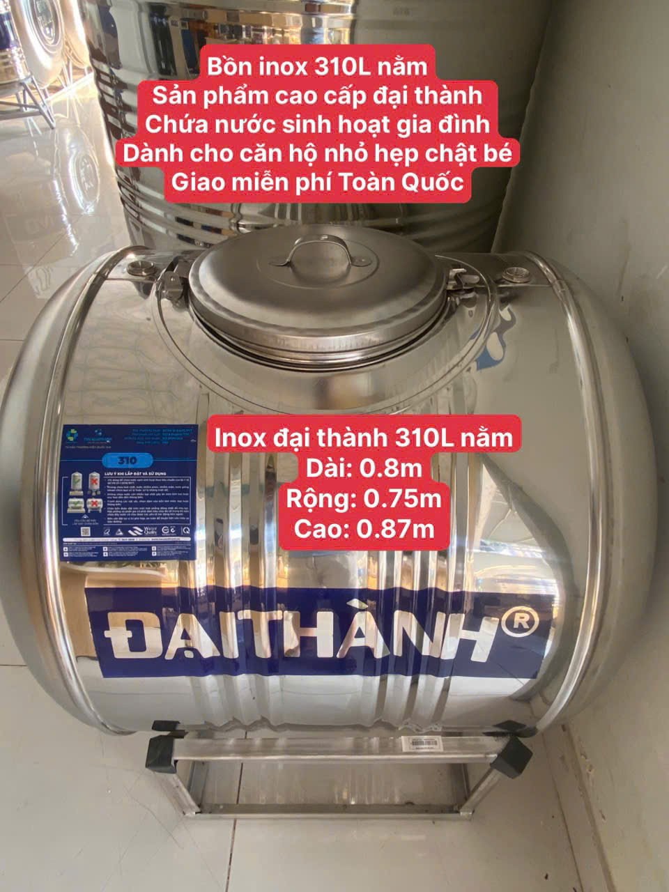 Bồn inox 310 lít 300L 300 lít 0.3m3 0.3 khối ngang đại thành cao cấp sus 304 chứa nước sinh hoạt gia đình giao hàng miễn phí Toàn Quốc