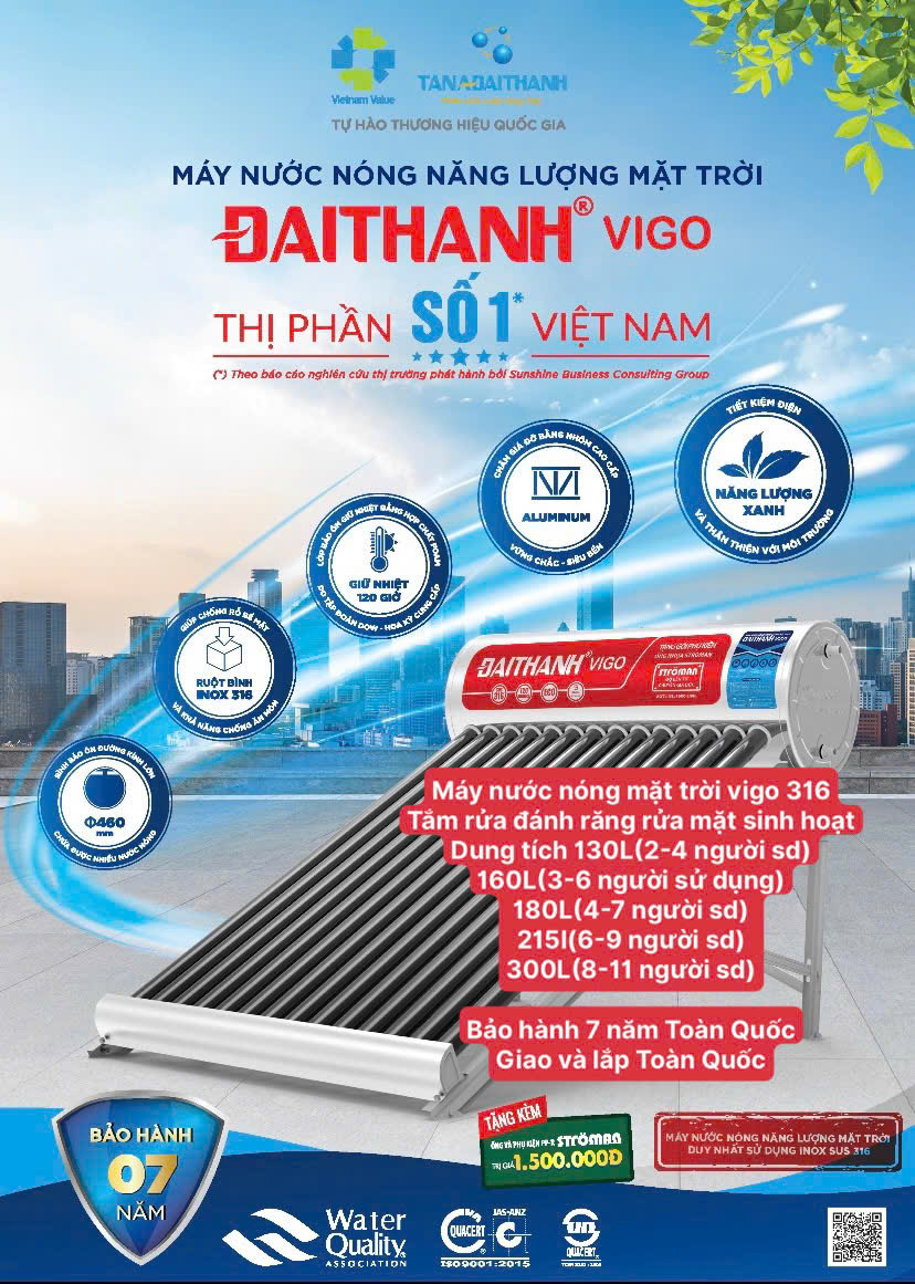 Máy nước nóng mặt trời vigo inox 316 cao cấp 130L 150L 180l.. Đại thành vigo 316 tắm rửa sinh hoạt gia đình giao và lắp Toàn Quốc