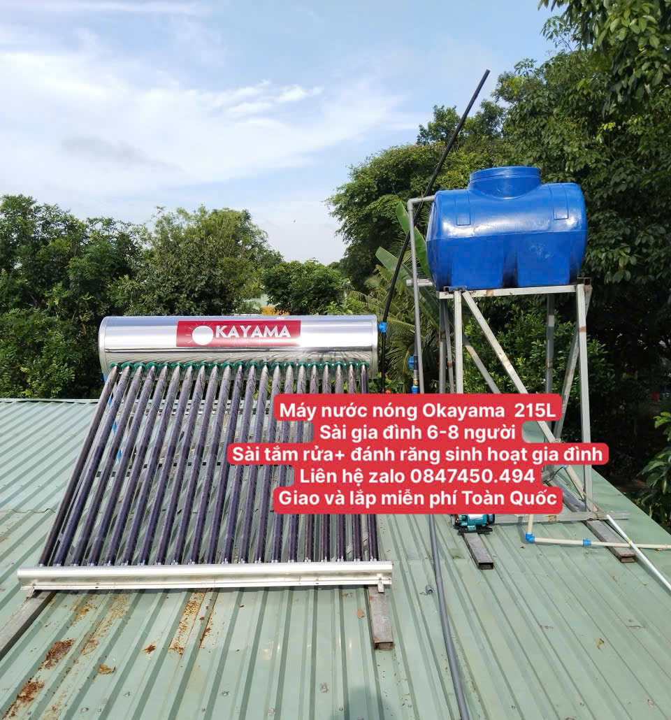 Máy nước nóng mặt trời Okayama 215L 200 lít(sài gđ 3-5 người sử dụng) tắm rửa sinh hoạt gia đình Tân Á đại thành giao và lắp miễn phí Toàn Quôc
