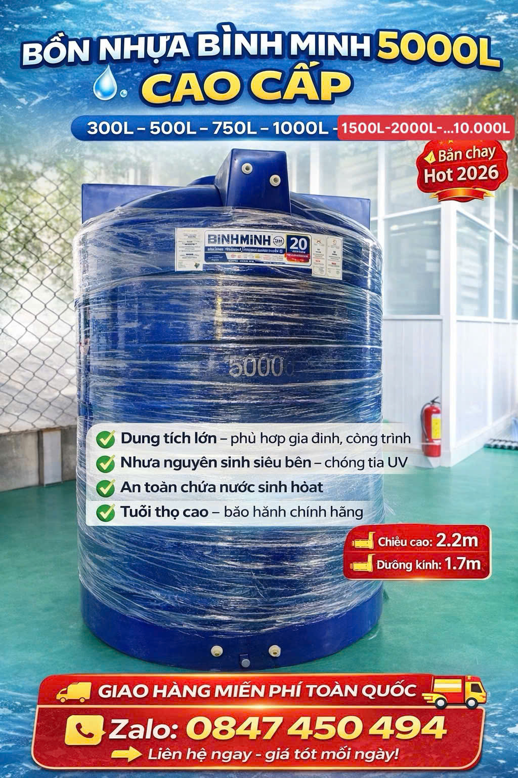 BỒN NHỰA BÌNH MINH 5000L 5 khối 5m3 5000 lít đứng bảo hành 20 năm – SIÊU BỀN, GIÁ TỐT giao hàng miễn phí Toàn Quốc