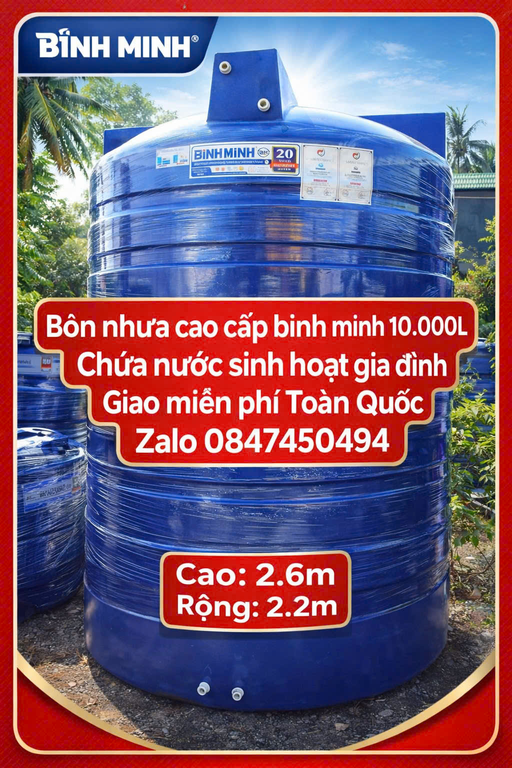 BỒN NHỰA BÌNH MINH 10.000L 10 khối 10m3 đứng – SIÊU BỀN dung tích lớn công nghiệp giao miễn phí Toàn Quốc