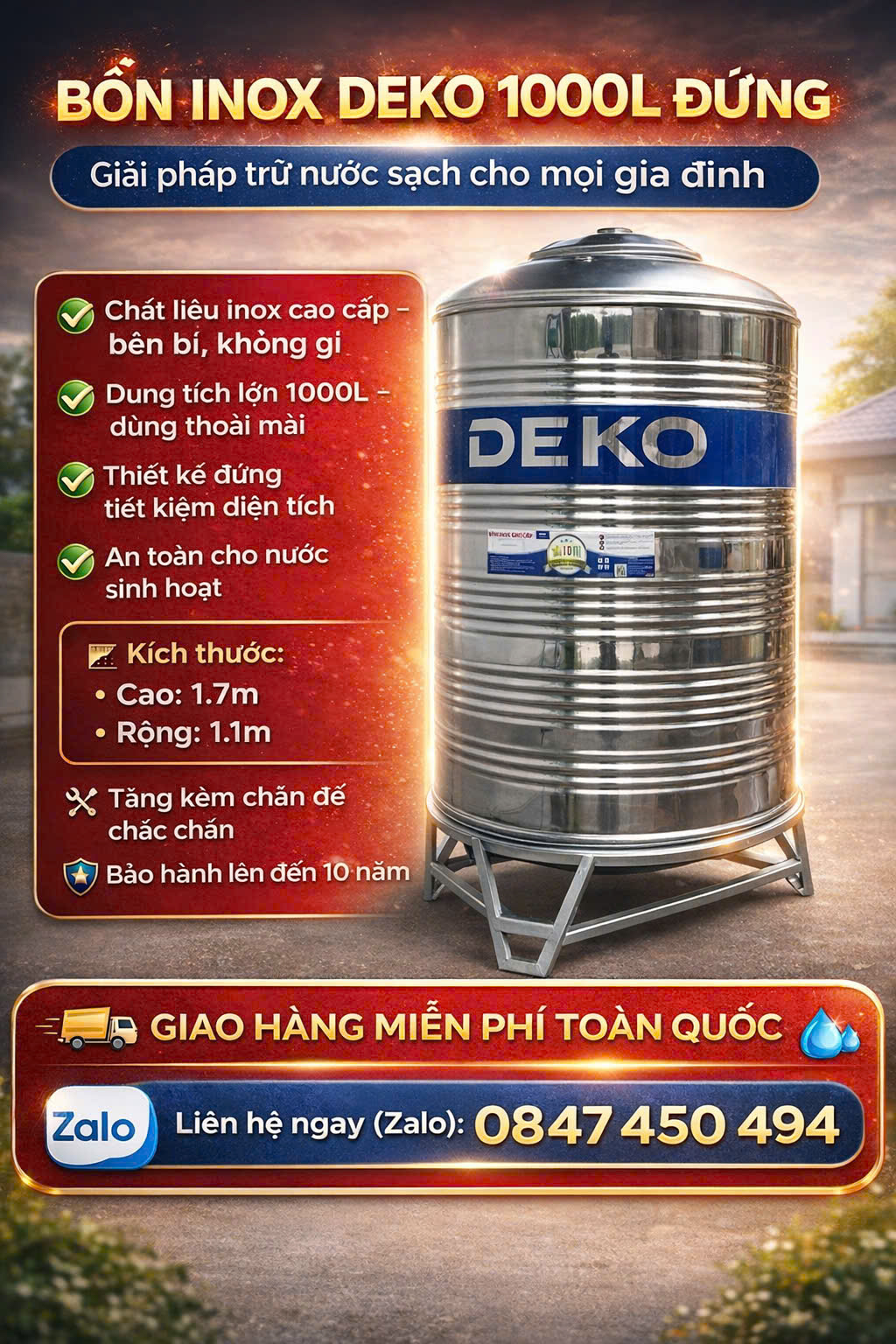 Bồn INOX DEKO 1000L ĐỨNG 1 khối đứng giá rẻ nhất 1m3 đứng nằm 1000 lít inox rẻ giá tốt nhất giao miễn phí Toàn Quốc – CHỨA NƯỚC CỰC ĐÃ, DÙNG CẢ GIA ĐÌNH
