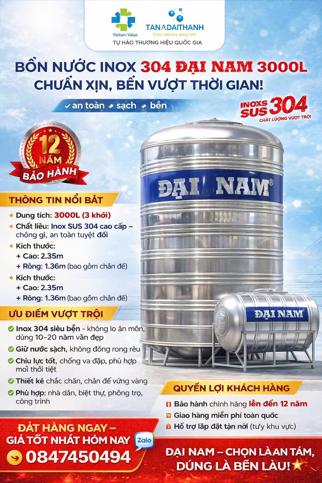 BỒN NƯỚC INOX 304 ĐẠI NAM 3000L ĐỨNG 3 khối đứng 3000 lít đứng inox 304 cao cấp bảo hành 12– CHUẨN XỊN giao miễn phí Toàn Quốc