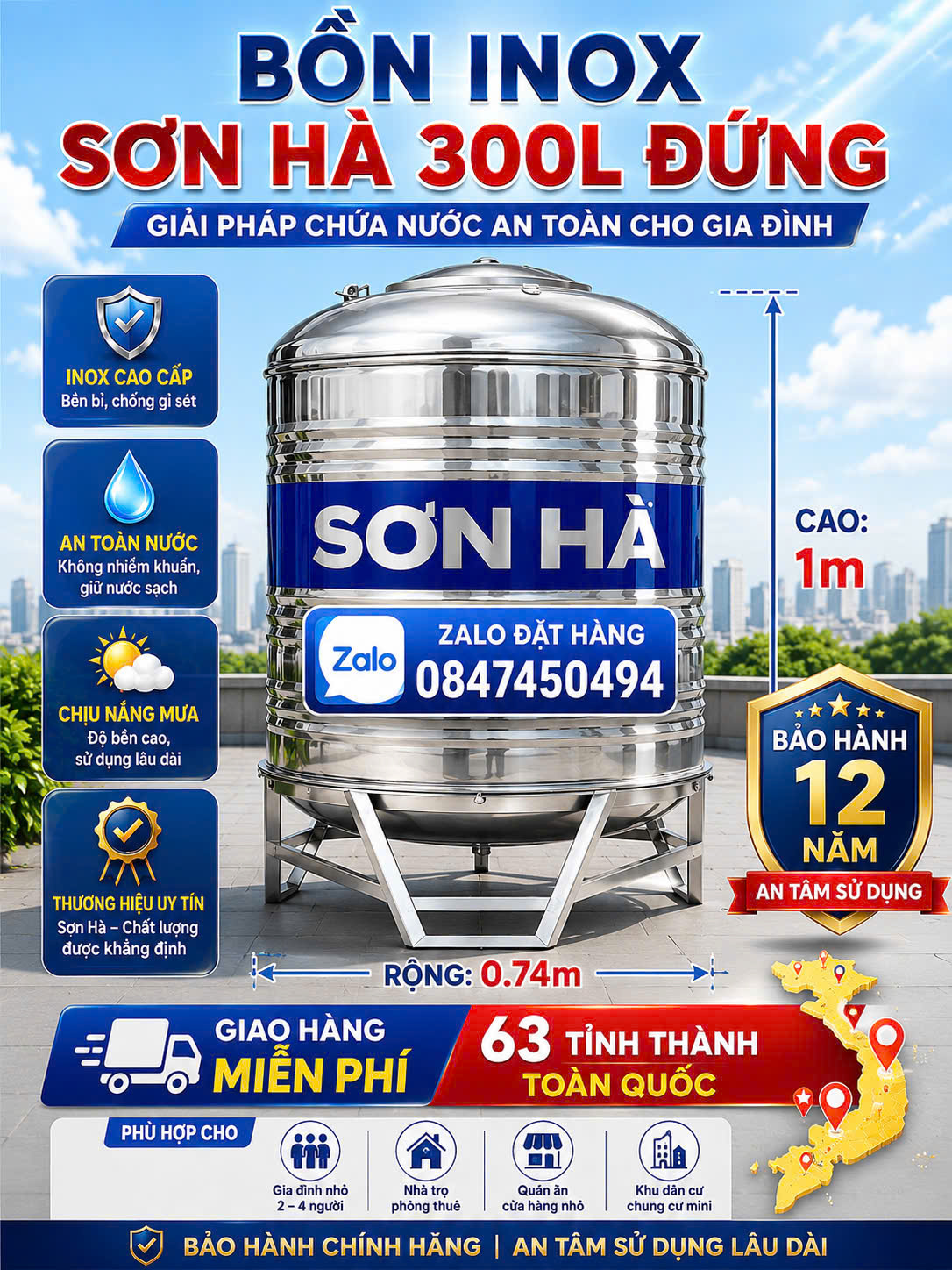 BỒN INOX SƠN HÀ 300L ĐỨNG Téc inox 300 lít đứng – NHỎ GỌN, BỀN ĐẸP Bình inox 304 nhỏ 300 lít 0.3 khối đứng Sơn Hà giao miễn phí Toàn Quốc