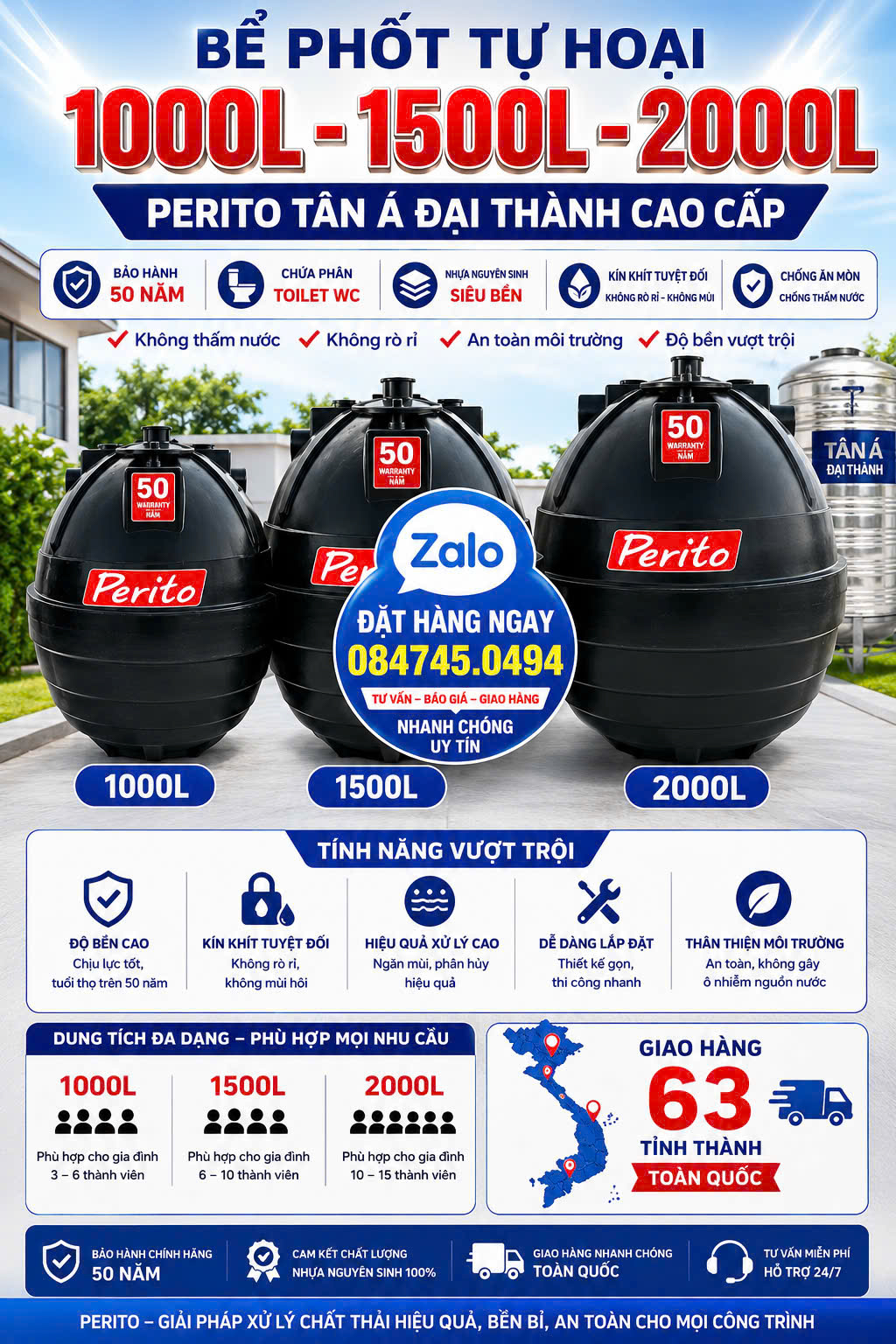 Bể Phốt Tự Hoại Perito Tân Á Đại Thành 1000L - 1500L - 2000L Bảo Hành 50 Năm Giao Miễn Phí Toàn Quốc
