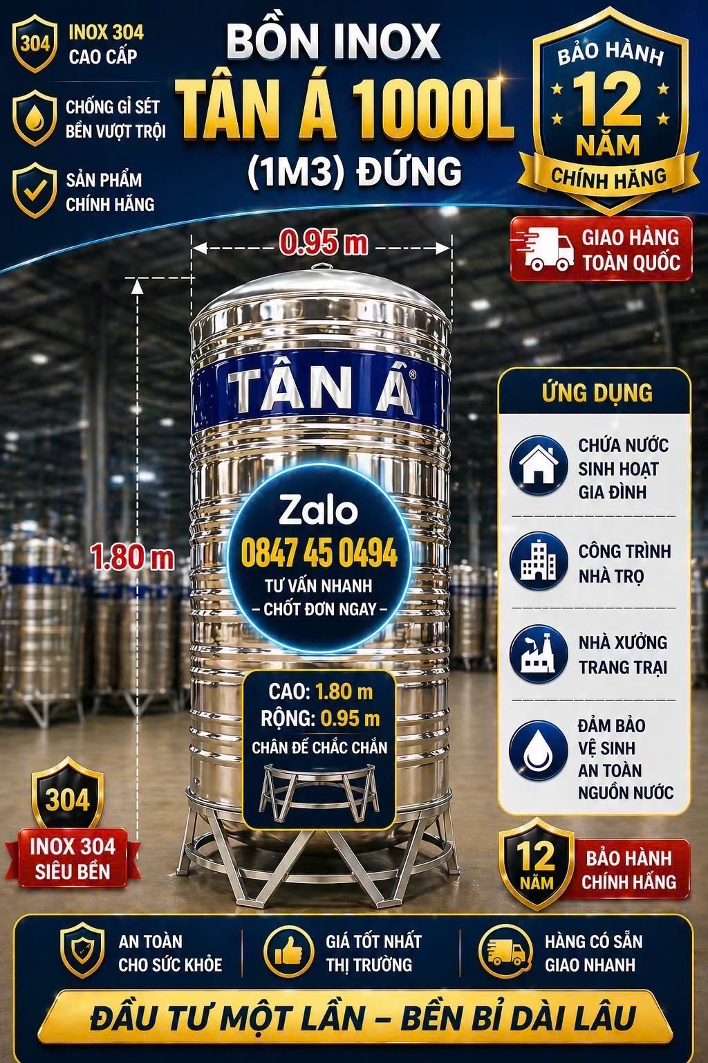 ỒN INOX TÂN Á 1000L (1M3) Téc inox 1000 lít đứng Bình inox 304 1 khối đứng giao miễn phí Toàn Quốc
