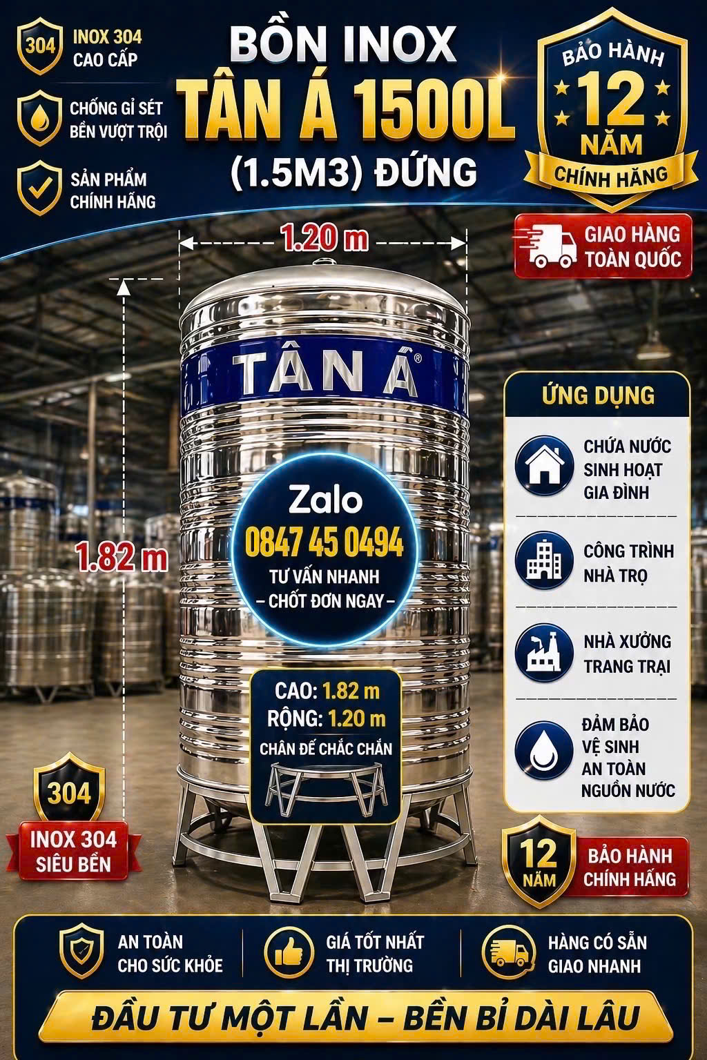 BỒN INOX TÂN Á 1500L – INOX 304 CAO CẤP 🔥 💧 Dung tích lớn – siêu bền – sử dụng lâu dài cho mọi gia đình giao miễn phí Toàn Quốc