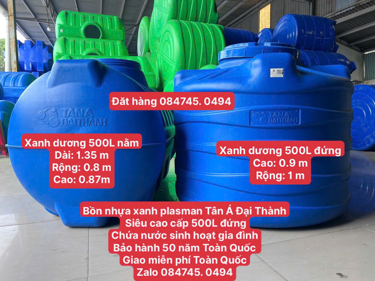 Bồn nhựa xanh dương 500 lít đứng nằm plasman siêu cao cấp 500L 0.5m3 0.5 khối nhựa tadt chứa nước sinh hoạt gia đình giao miễn phí Toàn Quốc