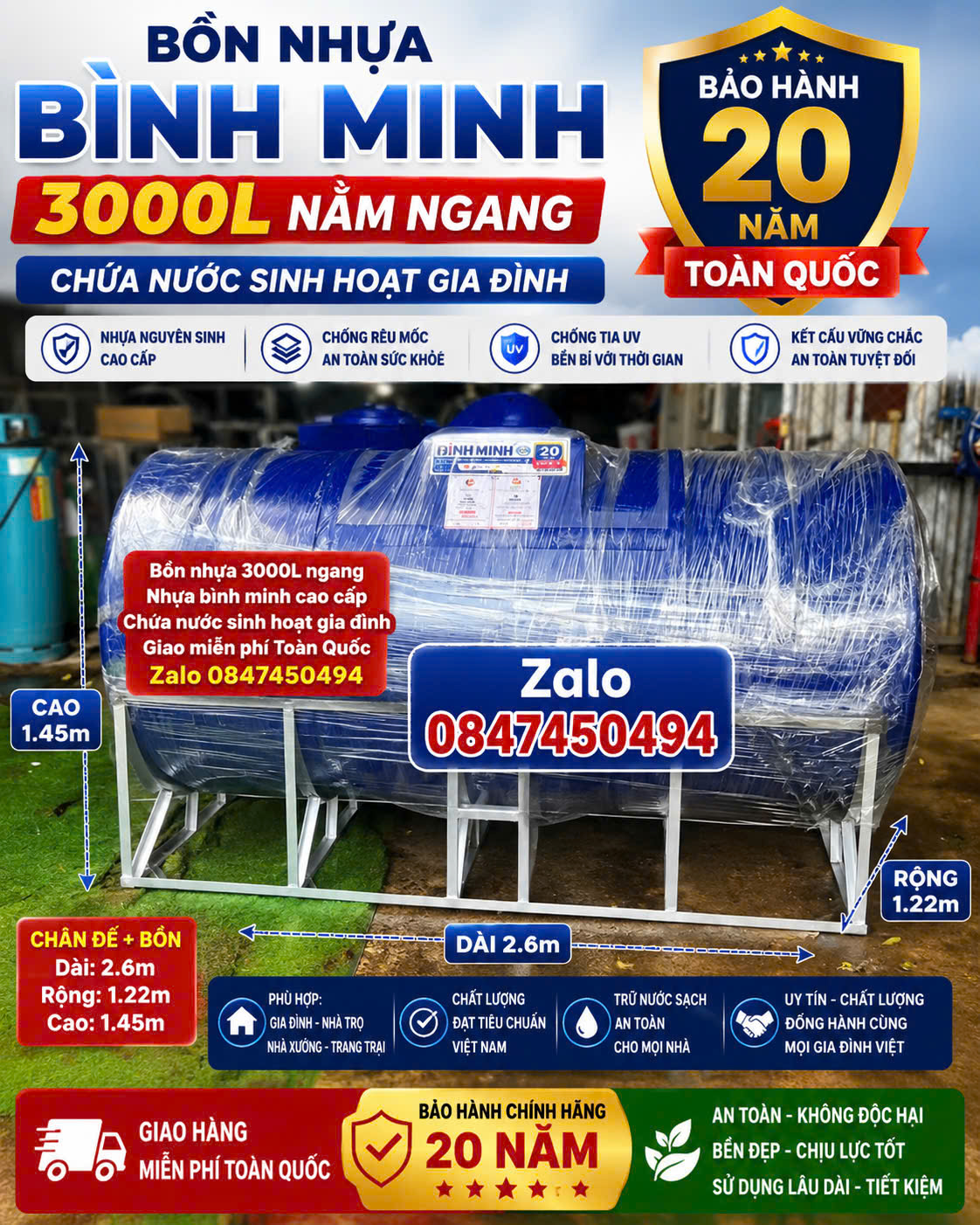 BỒN NHỰA BÌNH MINH 3000 LÍT NẰM Bồn nhựa 3 khối nằm ngang Bình Minh Thùng nhựa ngang 3 m3 cao cấp – DUNG TÍCH LỚN giao miễn phí Toàn Quốc