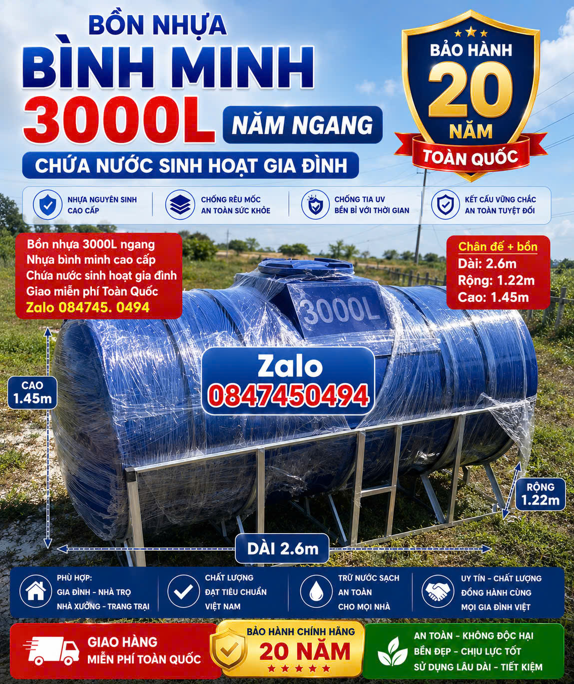 Thùng nhựa ngang 3 m3 cao cấp-BỒN NHỰA BÌNH MINH 3000 LÍT NẰM Bồn nhựa 3 khối nằm ngang Bình Minh – DUNG TÍCH LỚN giao miễn phí Toàn Quốc