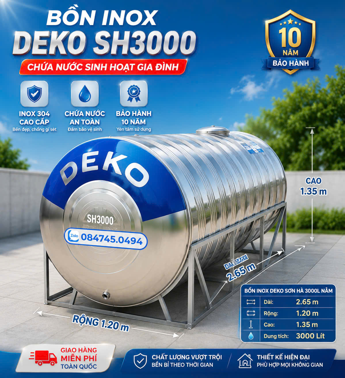 Bồn inox 3000 lít giá rẻ ngang Deko Sơn Hà(3khối nằm giá rẻ, 3000L giá rẻ) chứa nước sạch sinh hoạt giao hàng miễn phí Toàn Quốc
