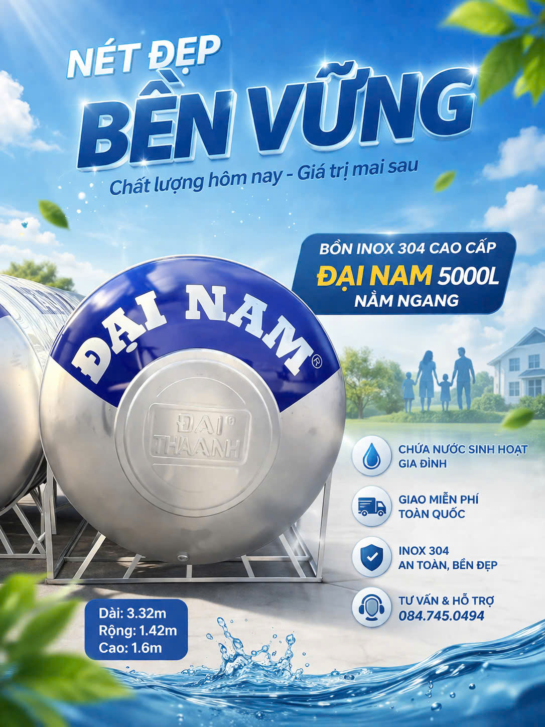 BỒN INOX 304 5000L NẰM NGANG ĐẠI NAM bồn 304 5000 lít giá rẻ chất lượng inox 5m3 ngang đại bạn bảo hành 12 năm giao miễn phí Toàn Quốc– GIẢI PHÁP CHỨA NƯỚC SIÊU BỀN CHO MỌI GIA ĐÌNH
