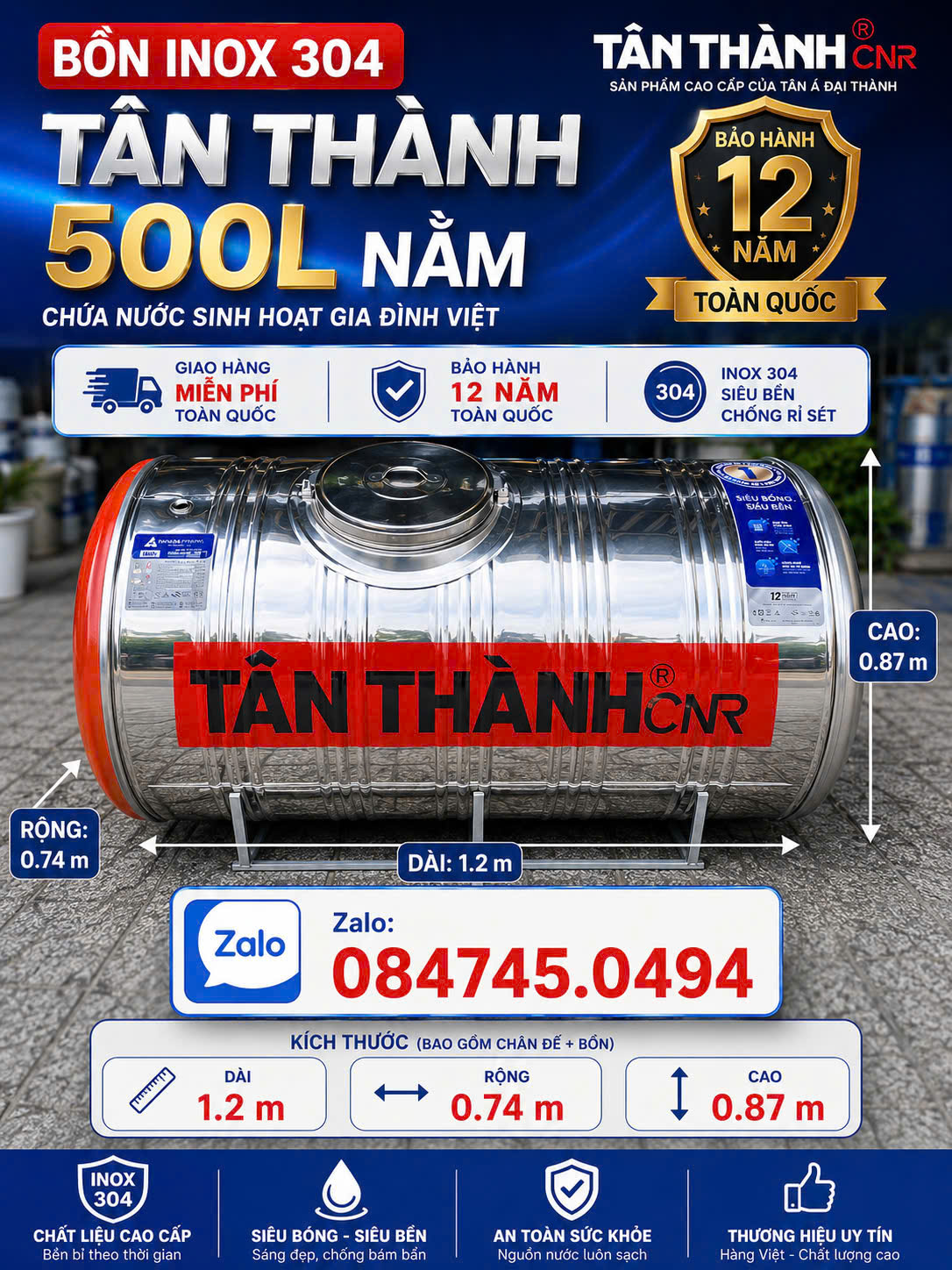 Bồn inox 304 500 lít nằm Tân Thành Tân Á Đại Thành Bình inox 500L 304 Tân Thành Tadt Téc inox Tân Thành 0.5 khối nằm 304 Của Tân Á Đại Thành giao miễn phí Toàn Quốc