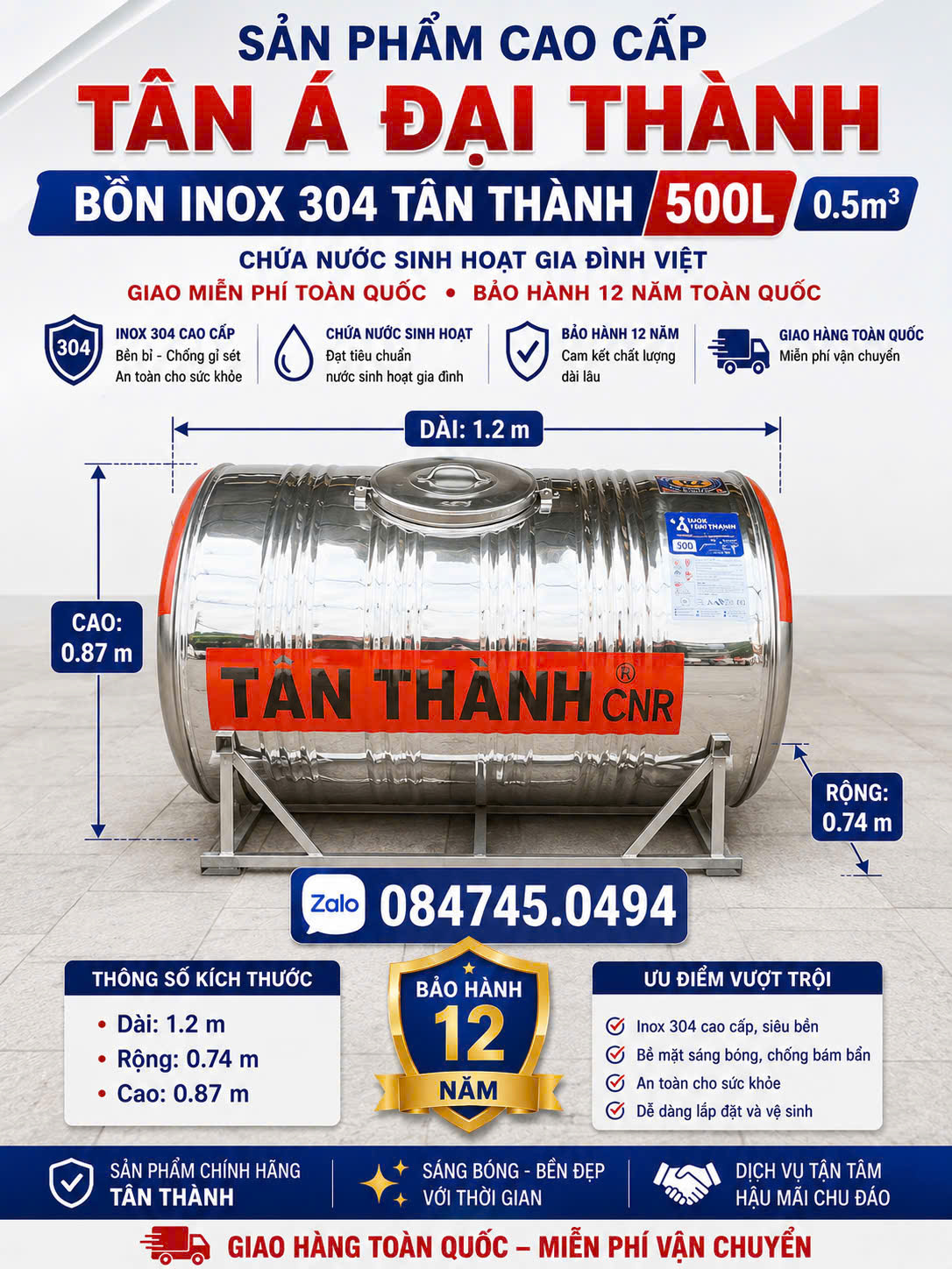 Bồn inox 304 500 lít nằm Tân Thành Tân Á Đại Thành Bình inox 500L 304 Tân Thành Tadt Téc inox Tân Thành 0.5 khối nằm 304 Của Tân Á Đại Thành giao miễn phí Toàn Quốc