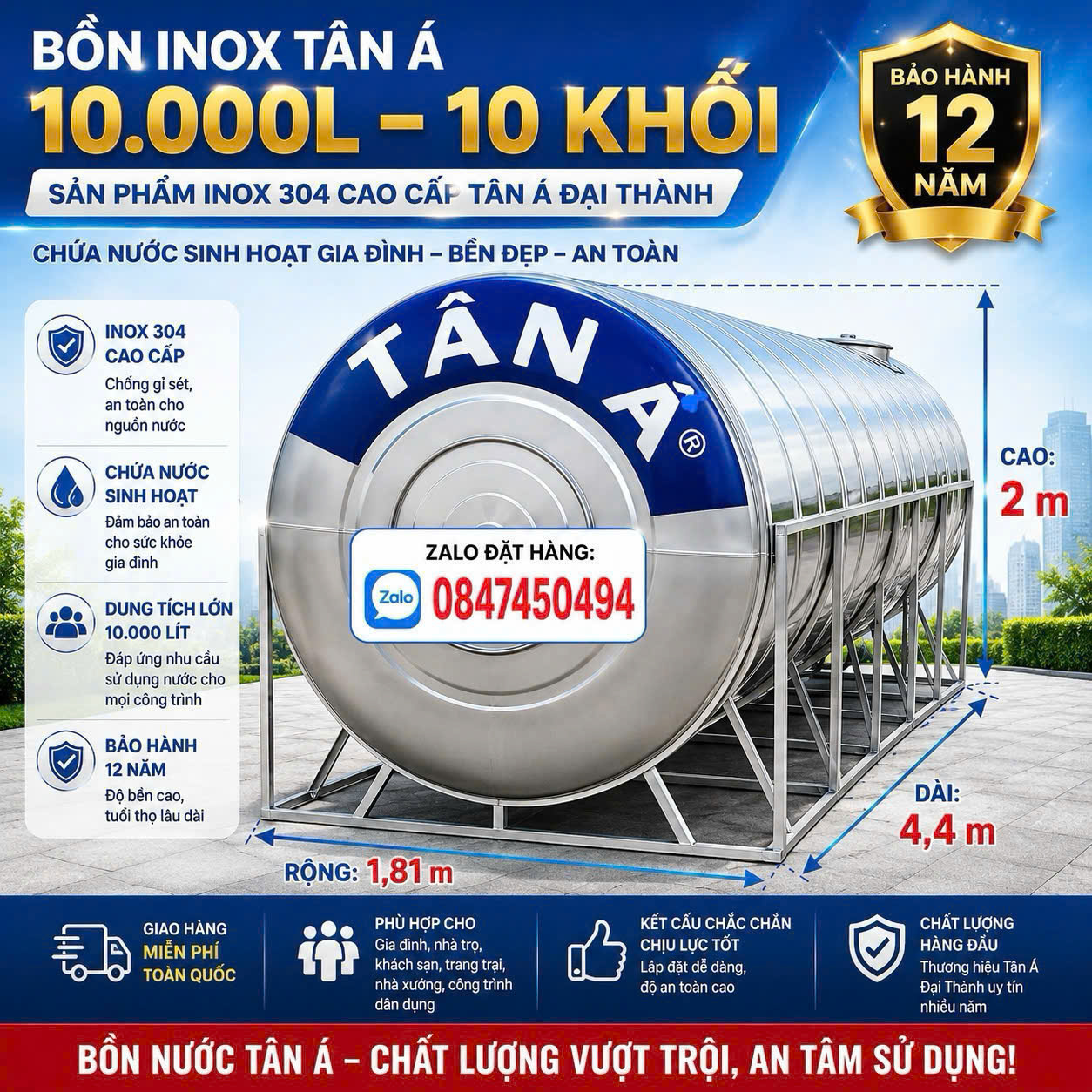 Téc inox Tân Á 10 khối nằm – Téc inox 10.000L ngang – Inox 304 Tân Á Đại Thành chính hãng, bảo hành 12 năm.