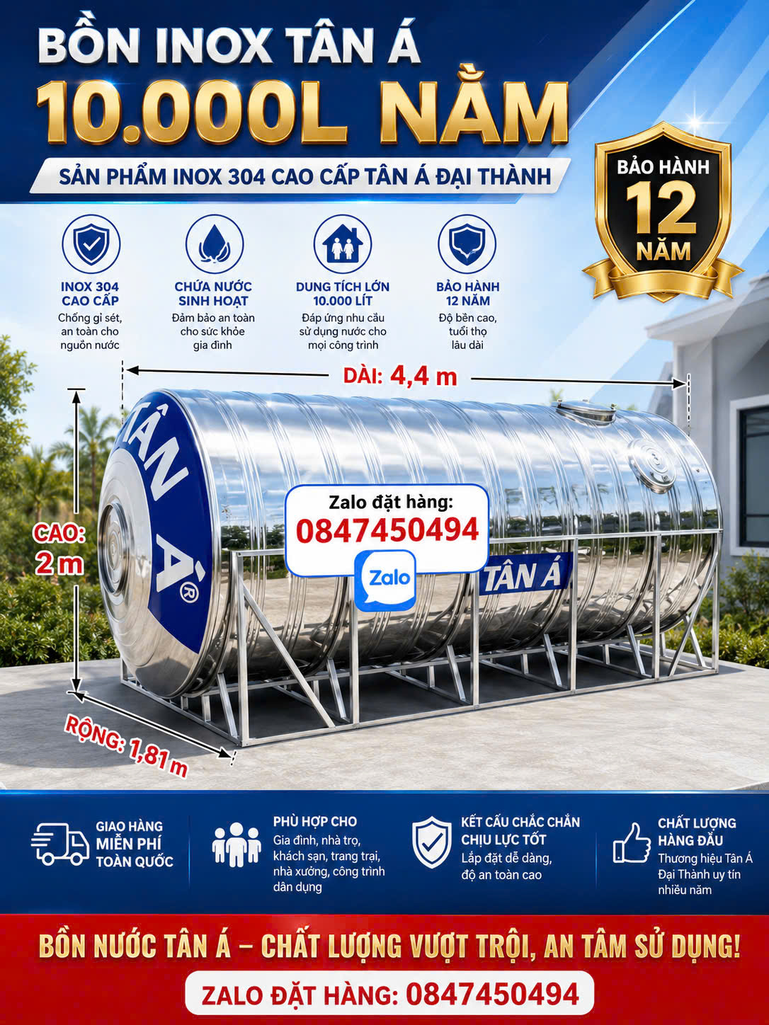 Bình nước 10m3 ngang inox Tân Á 10 khối nằm – Téc inox 10.000L ngang – Inox 304 Tân Á Đại Thành chính hãng, bảo hành 12 năm.