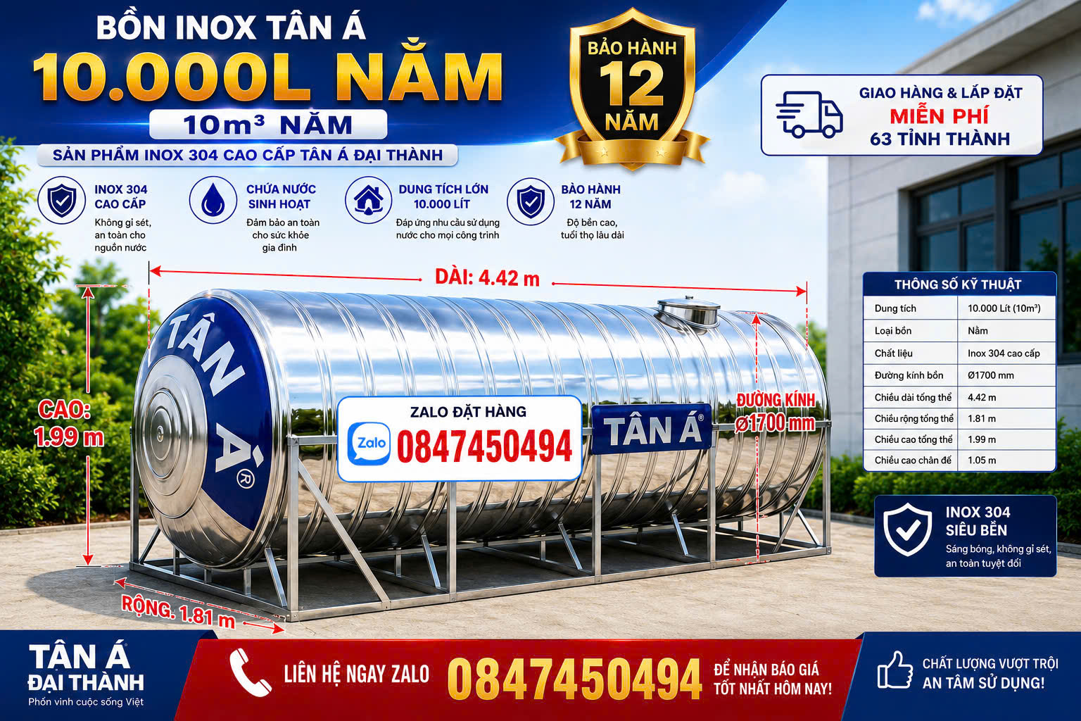 Bồn inox 10000l nằm ngang 304 Tân á đại thành-INOX 10m3 ngang inox Tân Á 10 khối nằm – Téc inox 10.000L ngang – Inox 304 Tân Á Đại Thành chính hãng, bảo hành 12 năm.