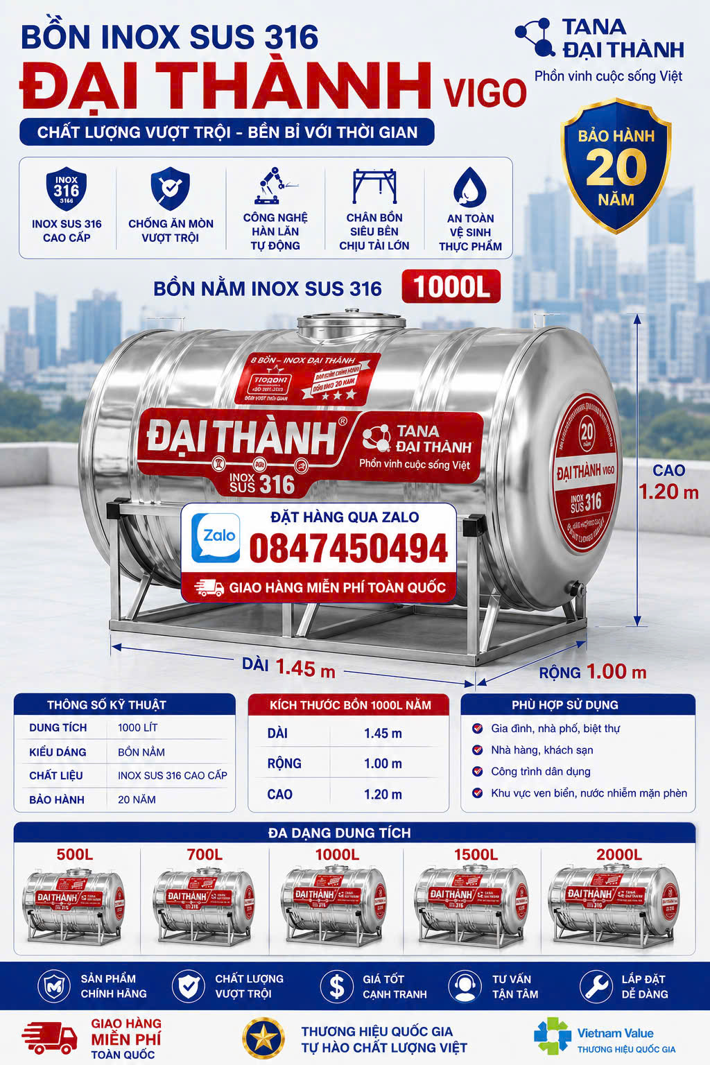 Bồn inox tốt nhất 1 khối nằm đại thành bảo hành 20 năm giao miễn phí Toàn Quốc