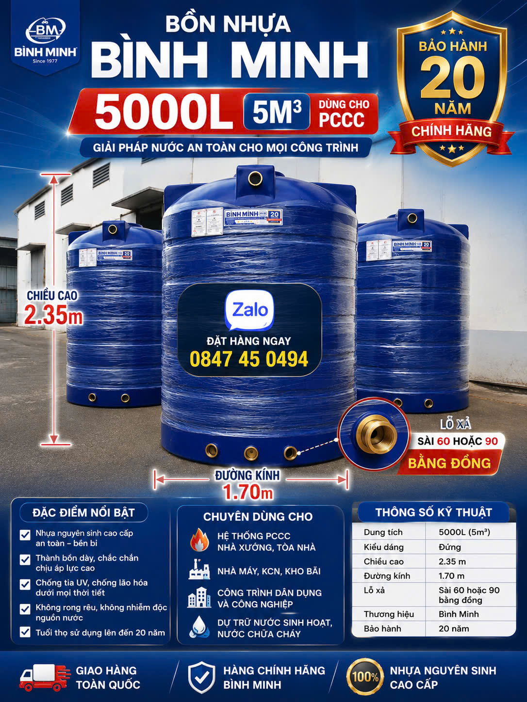 BỒN NHỰA BÌNH MINH 5000L (5M3 đứng) 5000 lít đứng cao cấp làm lỗ Sài 60 lỗ Sài 90 bảo hành 20 năm CHUYÊN DÙNG CHO HỆ THỐNG PCCC