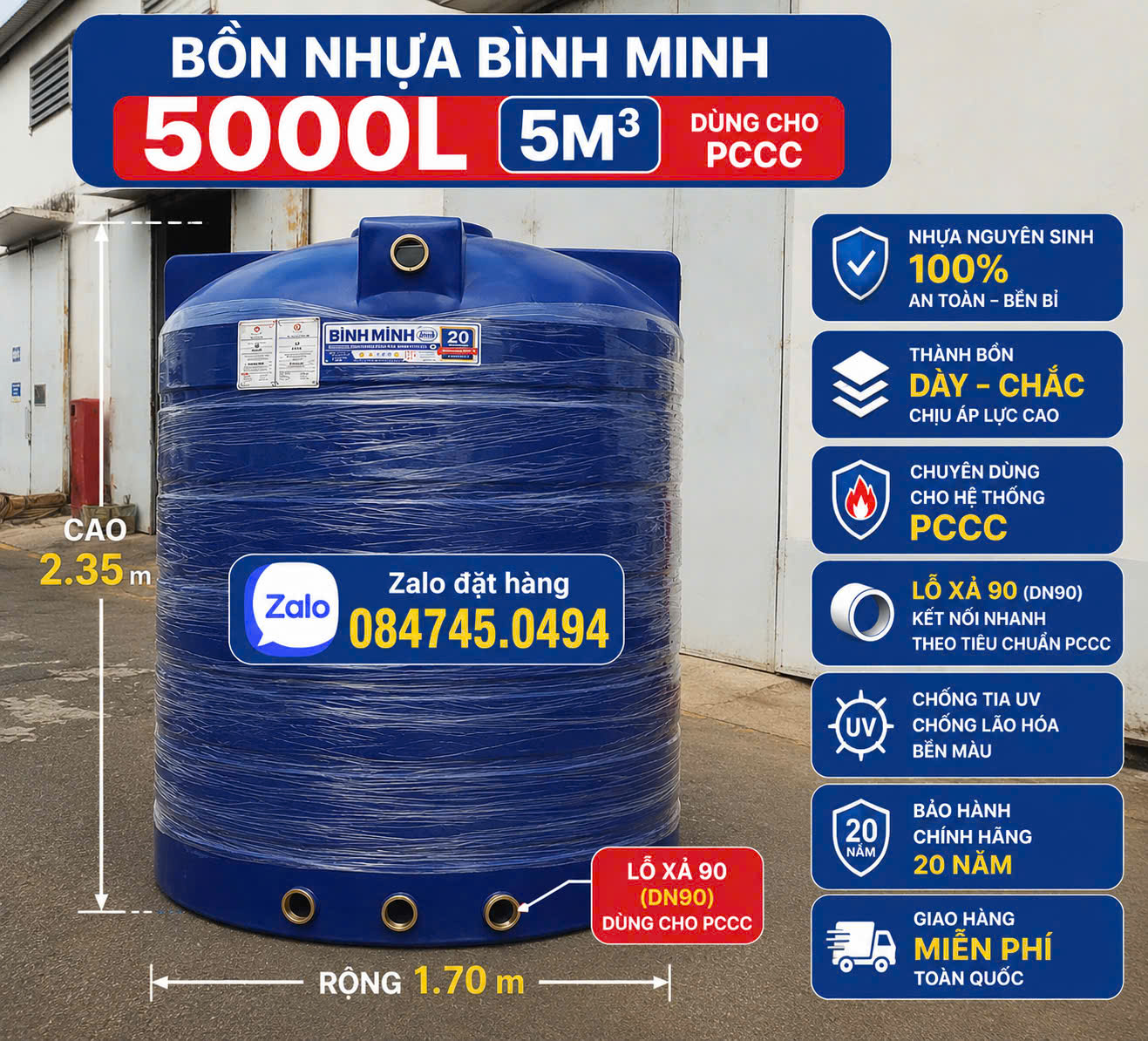 BỒN NHỰA CHUYÊN DÙNG CHO HỆ THỐNG PCCC phòng cháy chữa cháy 5.000 lít 5000l 5m3 5 khối đứng Binh Minh dày dặn chắn chắn