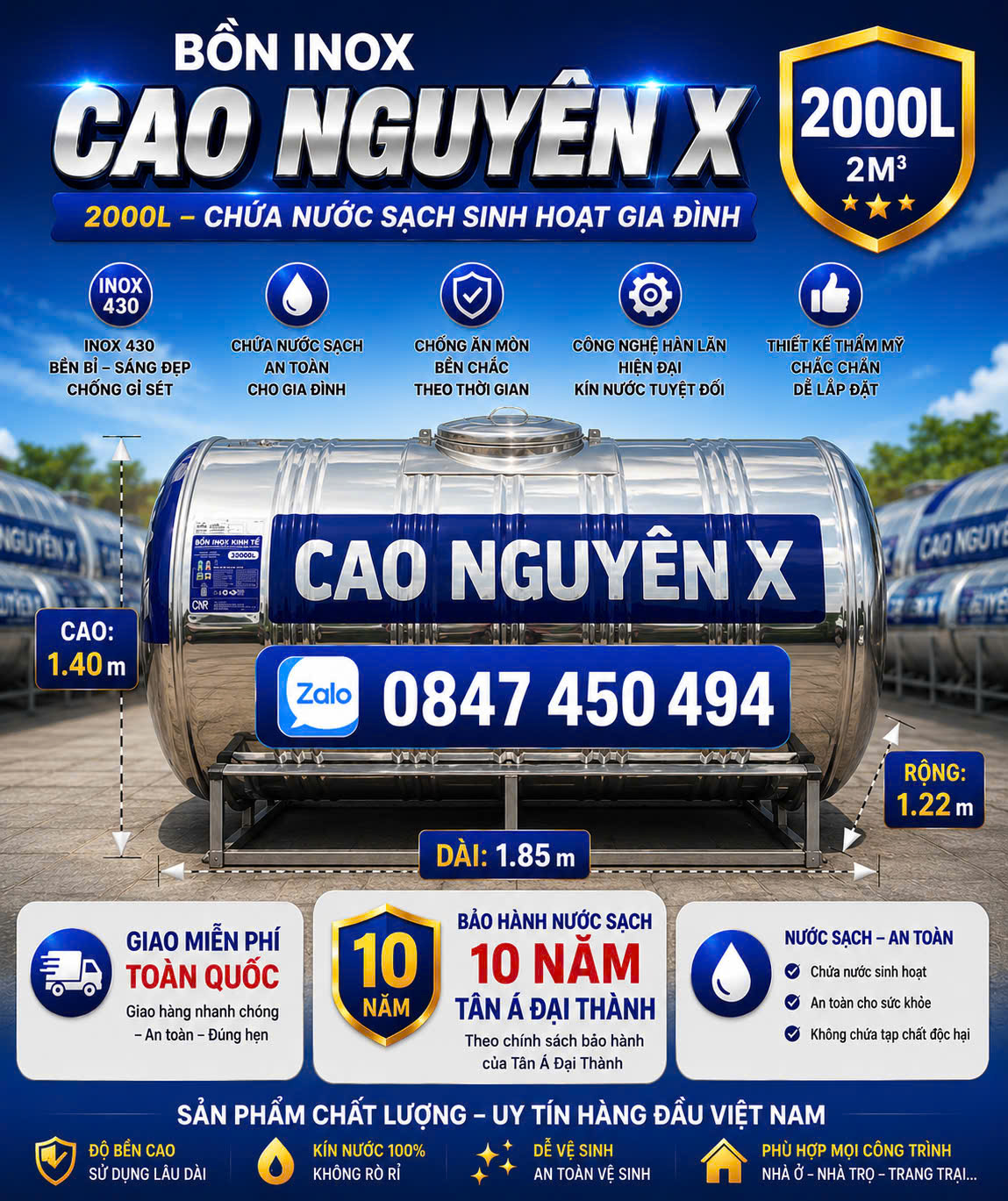 BỒN INOX CAO NGUYÊN X 2000L (2M3 – 2 KHỐI) NẰM | TÉC INOX GIÁ RẺ 2000 LÍT | GIAO MIỄN PHÍ TOÀN QUỐC