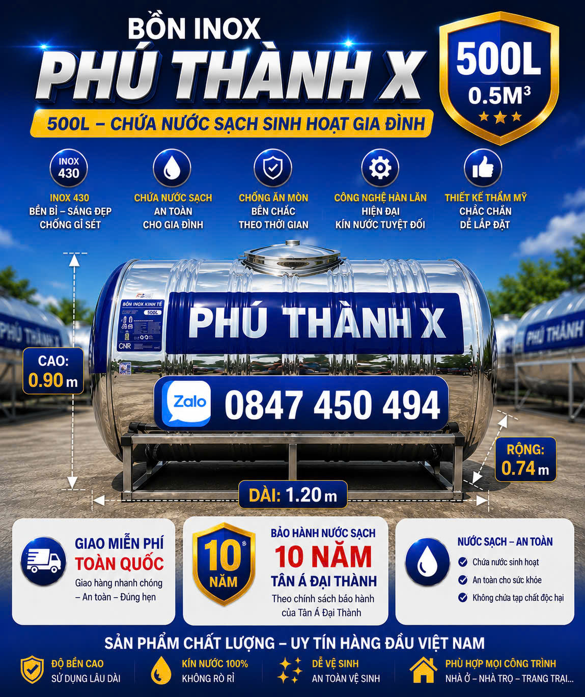 TÉC INOX GIÁ RẺ 500 LÍT ngang bảo hành 10 năm Tân Á Đại Thành GIAO MIỄN PHÍ TOÀN QUỐC