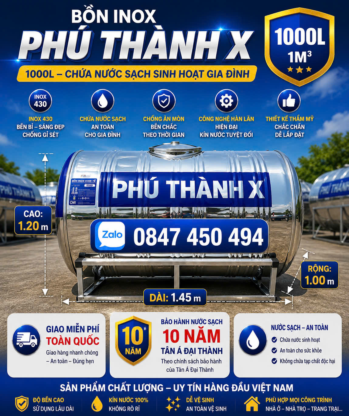 BỒN INOX PHÚ THÀNH X 1000L (1M3 1 khối) Téc inox giá rẻ 1000 lít nằm – GIẢI PHÁP TRỮ NƯỚC SẠCH CHO MỌI GIA ĐÌNH giao miễn phí Toàn Quốc