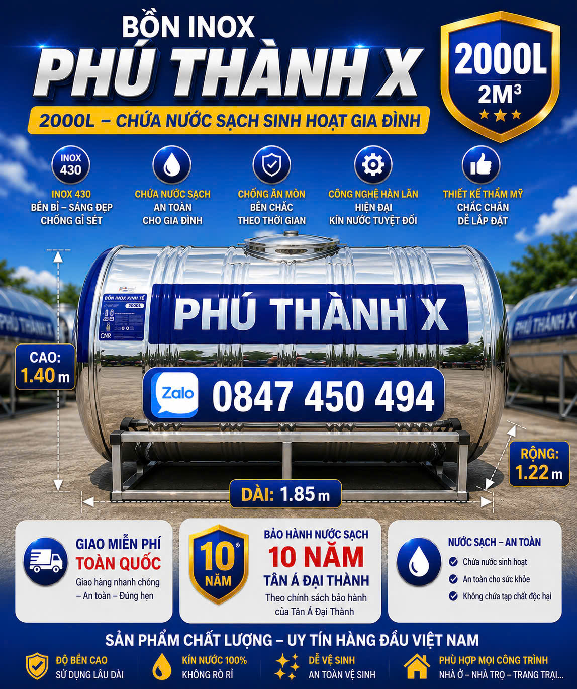 Téc inox giá rẻ 2000 lít nằm – GIẢI PHÁP TRỮ NƯỚC SẠCH CHO MỌI GIA ĐÌNH giao miễn phí Toàn Quốc