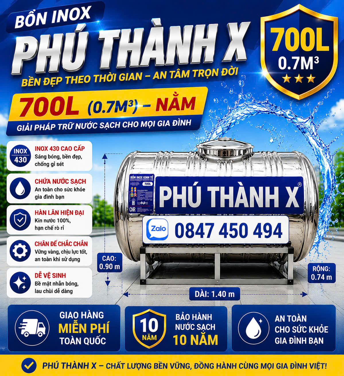 TÉC INOX GIÁ RẺ 700 LÍT ngang bảo hành 10 năm Tân Á Đại Thành GIAO MIỄN PHÍ TOÀN QUỐC