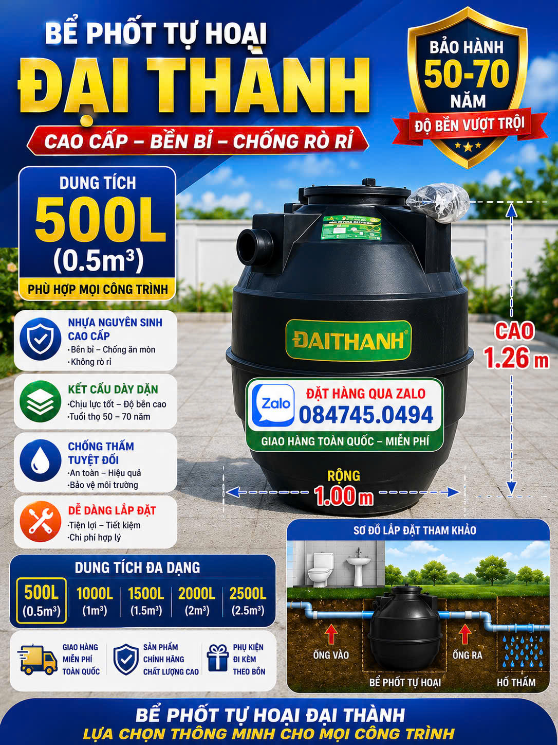 Bể Phốt Tự hoại 500 lít - 1000 lít đứng Đại Thành cao cấp bảo hành 70 năm giao Hàng miễn phí Toàn Quốc( Tân Á Đại Thành)