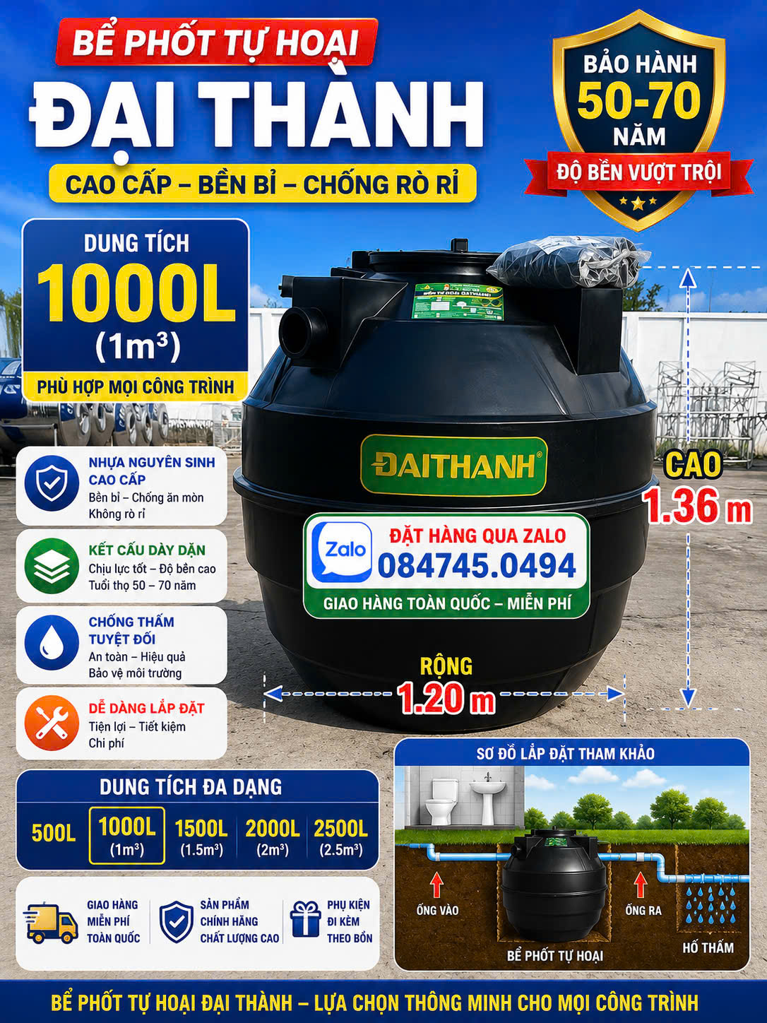 BỂ PHỐT TỰ HOẠI ĐẠI THÀNH CHÍNH HÃNG – ĐỦ DUNG TÍCH 500L 1000L 1500L 1700L 2200L 2500LTADT bảo hành 50-70 năm giao miễn phí Toàn Quốc