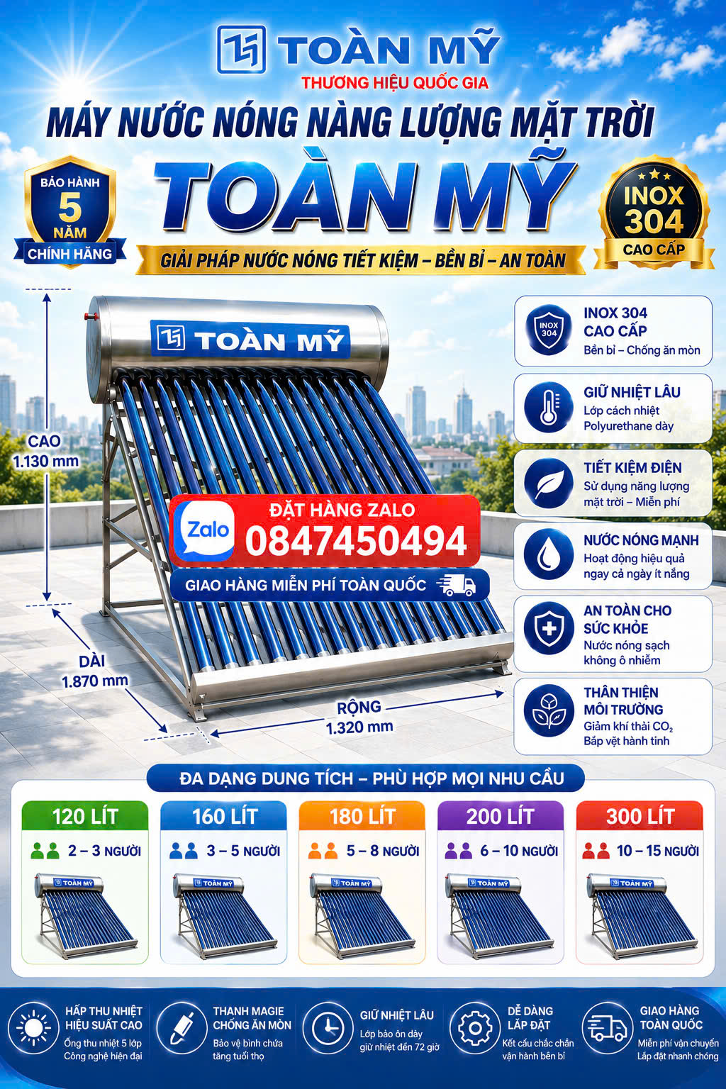MÁY NƯỚC NÓNG NĂNG LƯỢNG MẶT TRỜI TOÀN MỸ 120L 160L 180L 200l 300l Nlmt Toàn Mỹ BH 5 năm giao lắp miễn phí Toàn Quốc