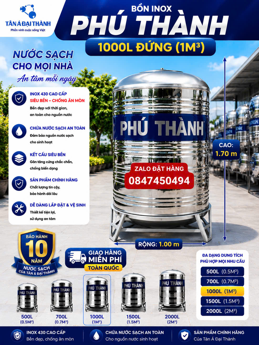 BỒN INOX PHÚ THÀNH X 1000L (1M3 1 khối) Téc inox giá rẻ 1000 lít nằm – GIẢI PHÁP TRỮ NƯỚC SẠCH CHO MỌI GIA ĐÌNH giao miễn phí Toàn Quốc