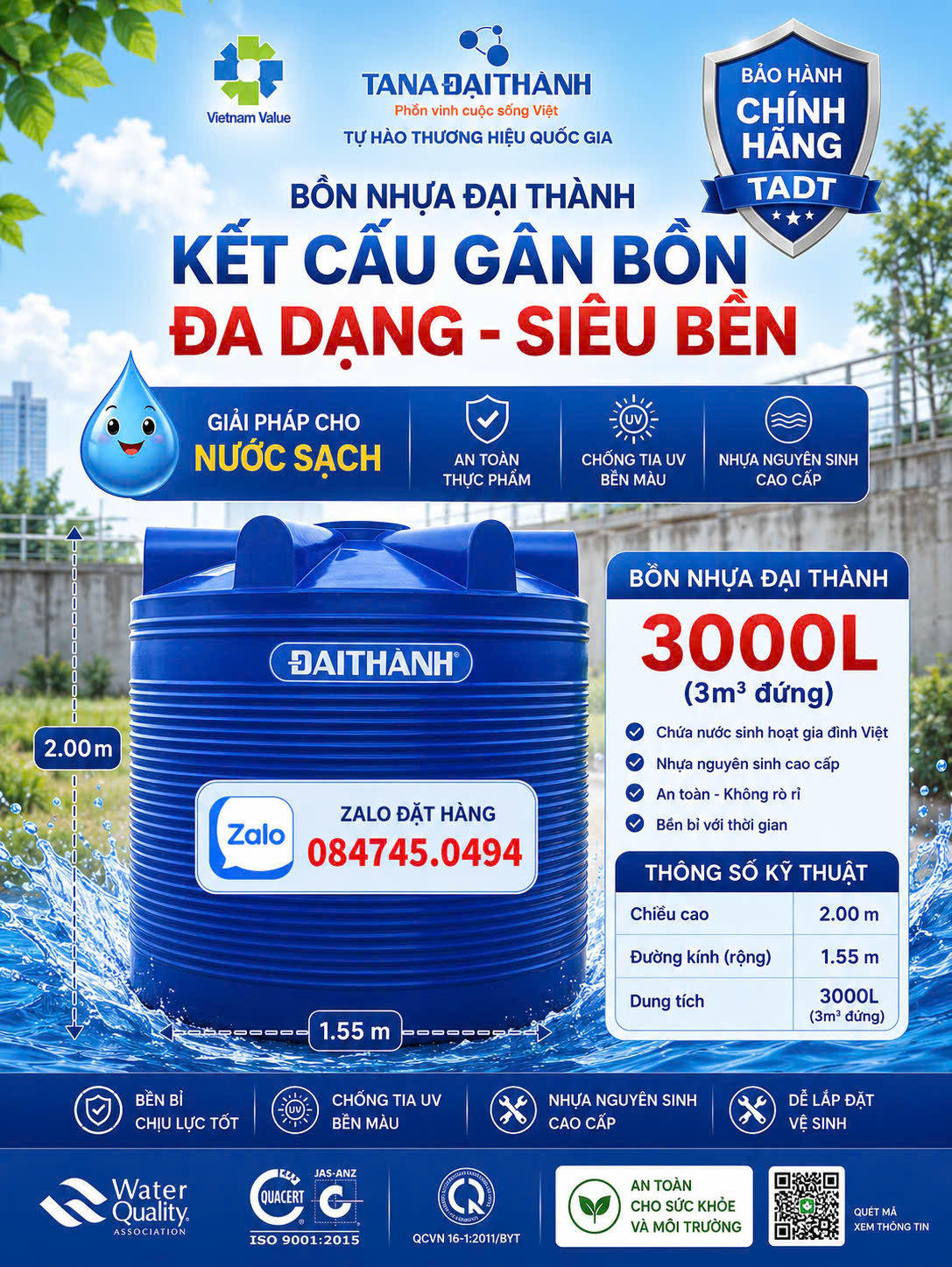 BỒN NHỰA ĐẠI THÀNH 3000L Téc nhựa 3 khối đứng Bình nhựa 3m3 đại thành chính hãng giao miễn phí Toàn Quốc
