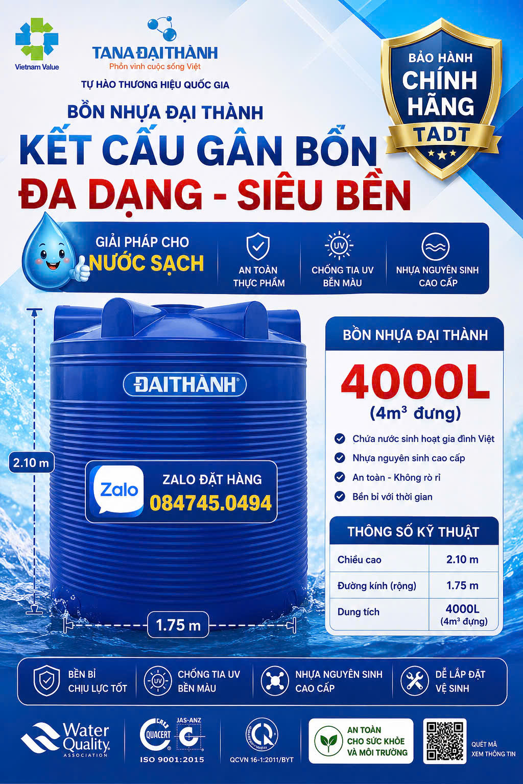 Bồn nhựa Đại Thành 4000L, bồn nước Đại Thành 4000L, bồn nước nhựa 4000 lít, bồn chứa nước 4000L, bồn nước 4 khối, bồn nước đứng Đại Thành giao miễn toàn quốc